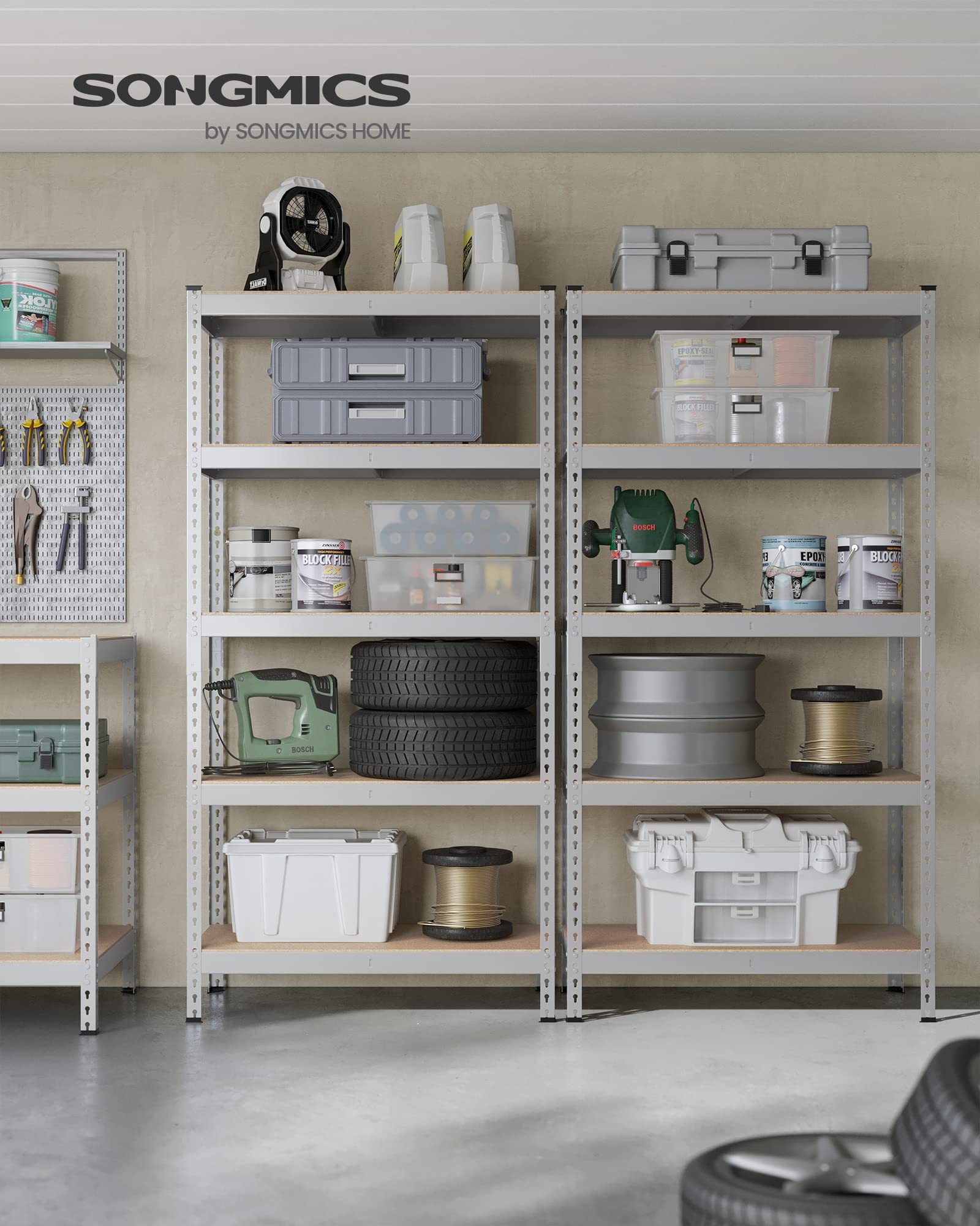 Songmics 5-Tier Storage Shelves, Set Of 2 Garage Storage, Boltless Assembly, Adjustable Shelving Units, 17.7 X 35.4 X 70.9 Inches, Load 1929 Lb Each, Shed Warehouse Basement, Silver Uglr450E02