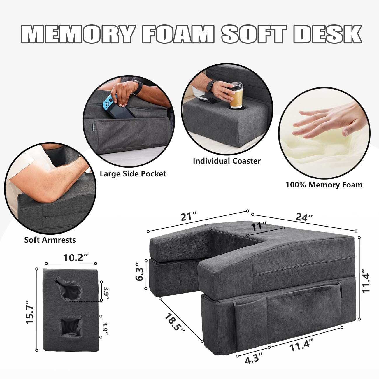 Comehealthy Lap Desk Pillow For Laptop, Large Reading Pillow For Adult, Arm Rest Pillow With Cup Holder, Memory Foam Bed Desk Fo