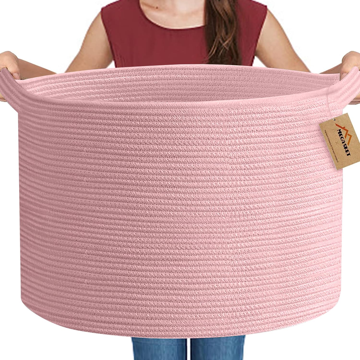 MEGASKET Large Pink Blanket Basket, 22 X 22 X 14 Woven Rope Baskets for Storage, Kids Dog Toy Storage Baskets Organizer Bins, Bl