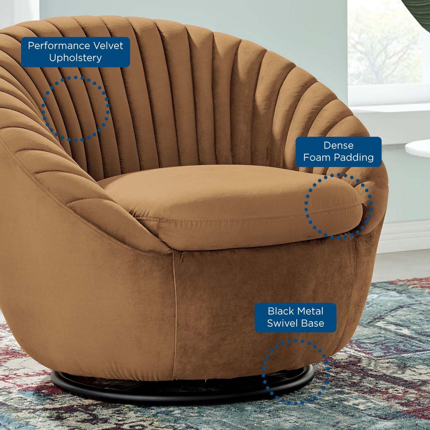 Modway Whirr Upholstered Velvet Fabric Swivel Chair In Black/Cognac Brown