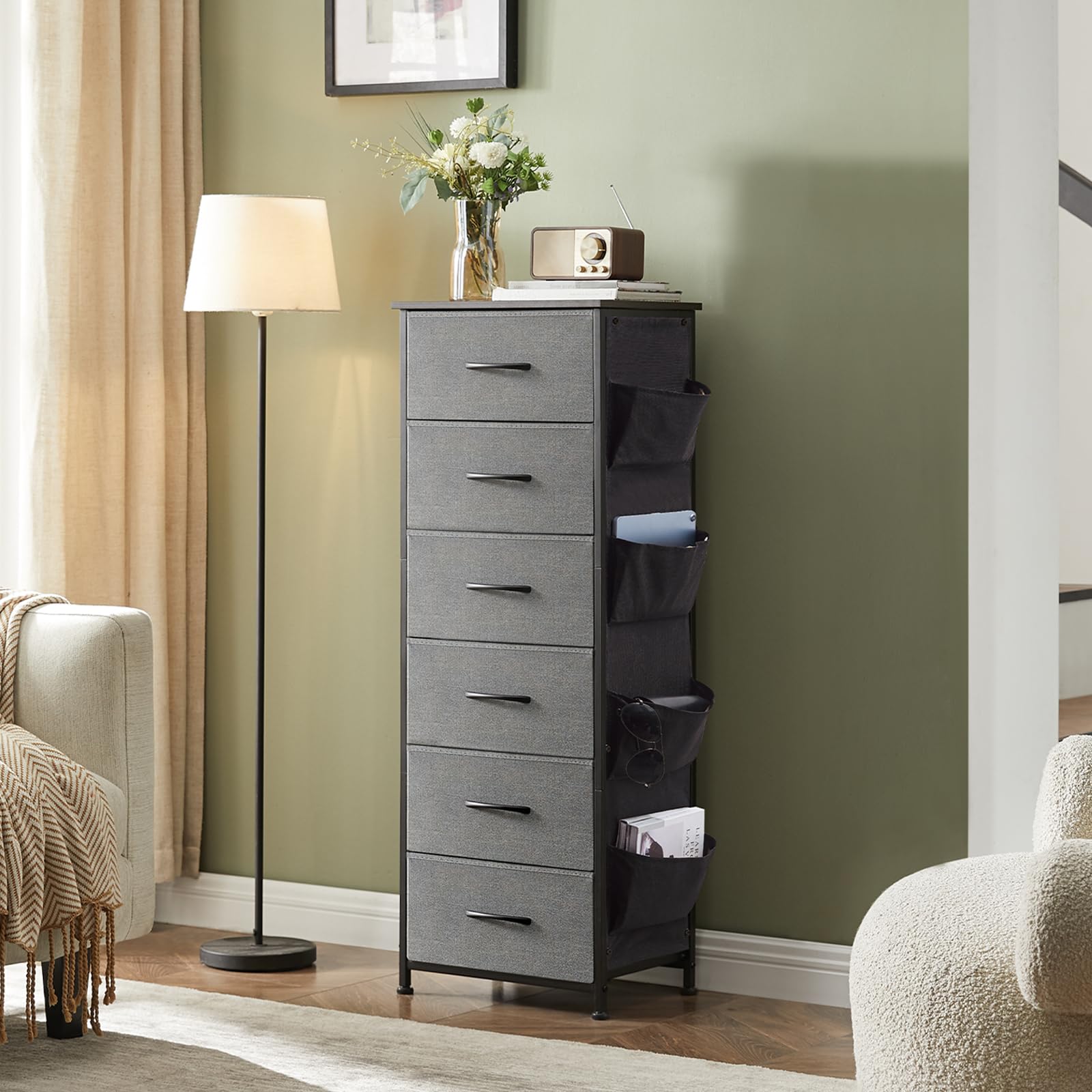 Somdot Tall Dresser For Bedroom With 6 Drawers And Side Pockets, Storage Organizer Chest Of Drawers With Fabric Bins For Closet Bedside Nursery Living Room Entryway Hallway, Charcoal Grey