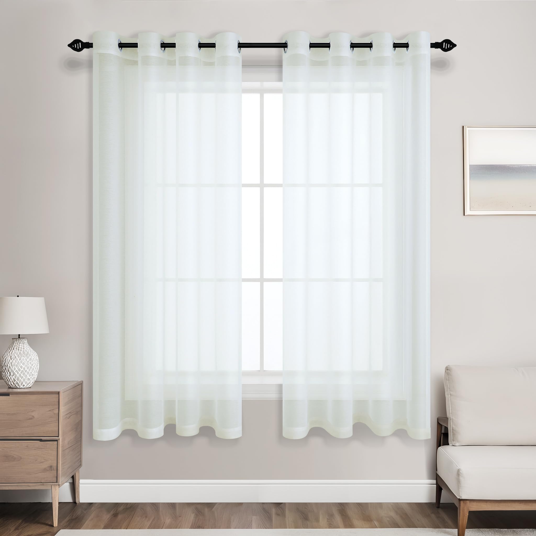 Mrs.Naturall Off White Sheer Curtains 63 Inch Length For Bedroom 2 Panels Set Grommet Ivory Cream Curtans For Living Room