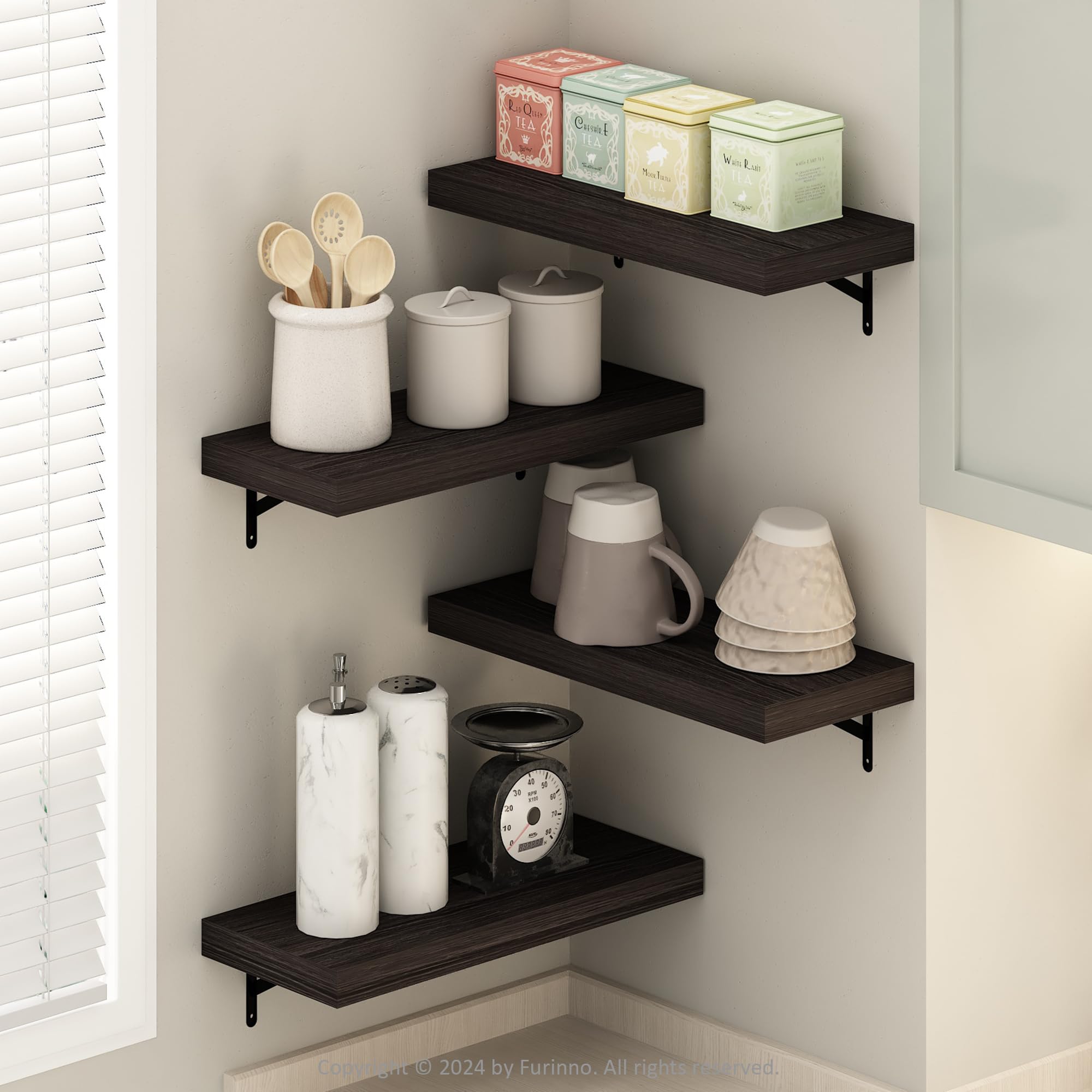 Furinno Tanna 22-Inch Wall Mounted Floating Display Shelves, Tobacco Oak, Set of 4