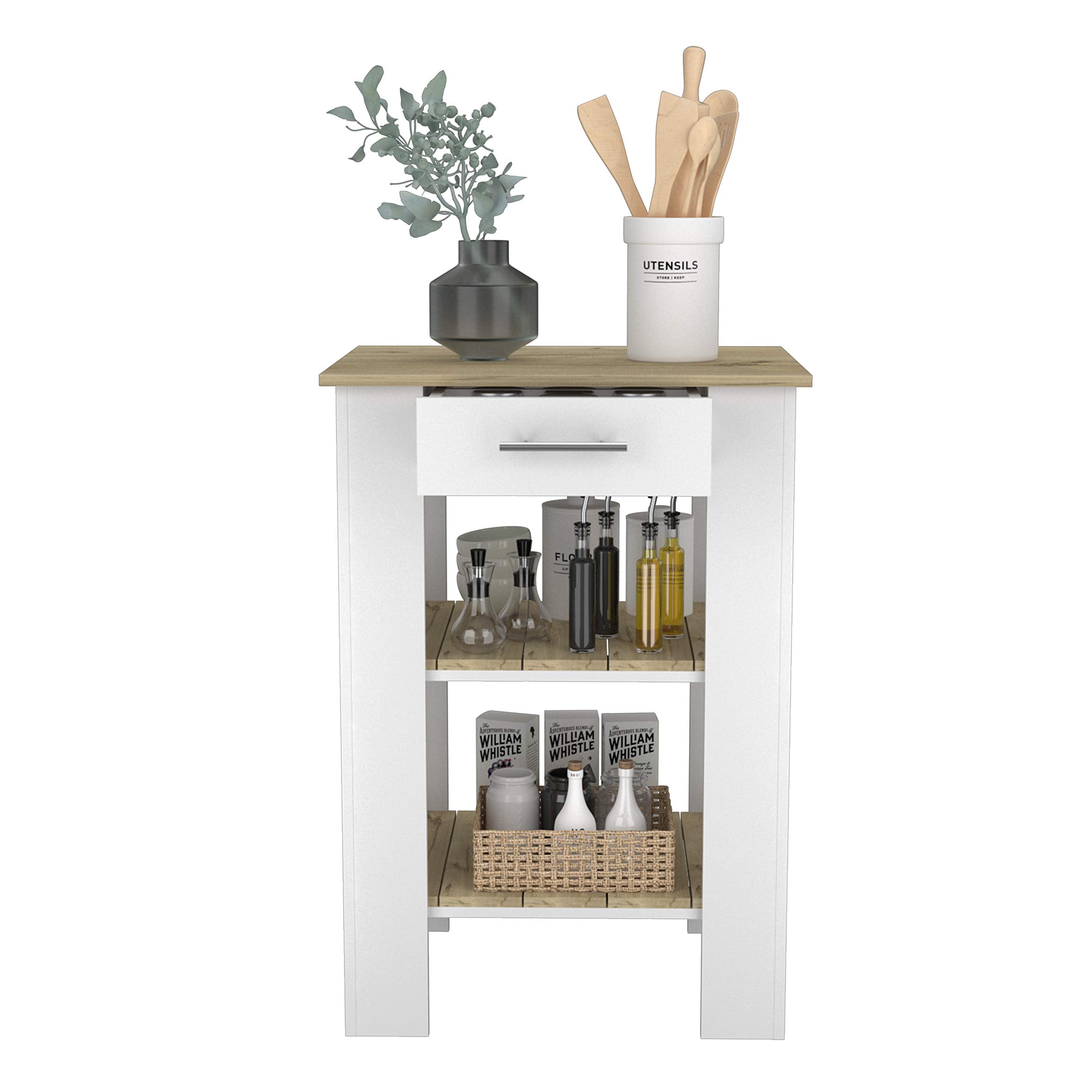 Fm Furniture Brooklyn 23 Kitchen Island With 2 Shelves And 1 Drawer, White/Light Oak