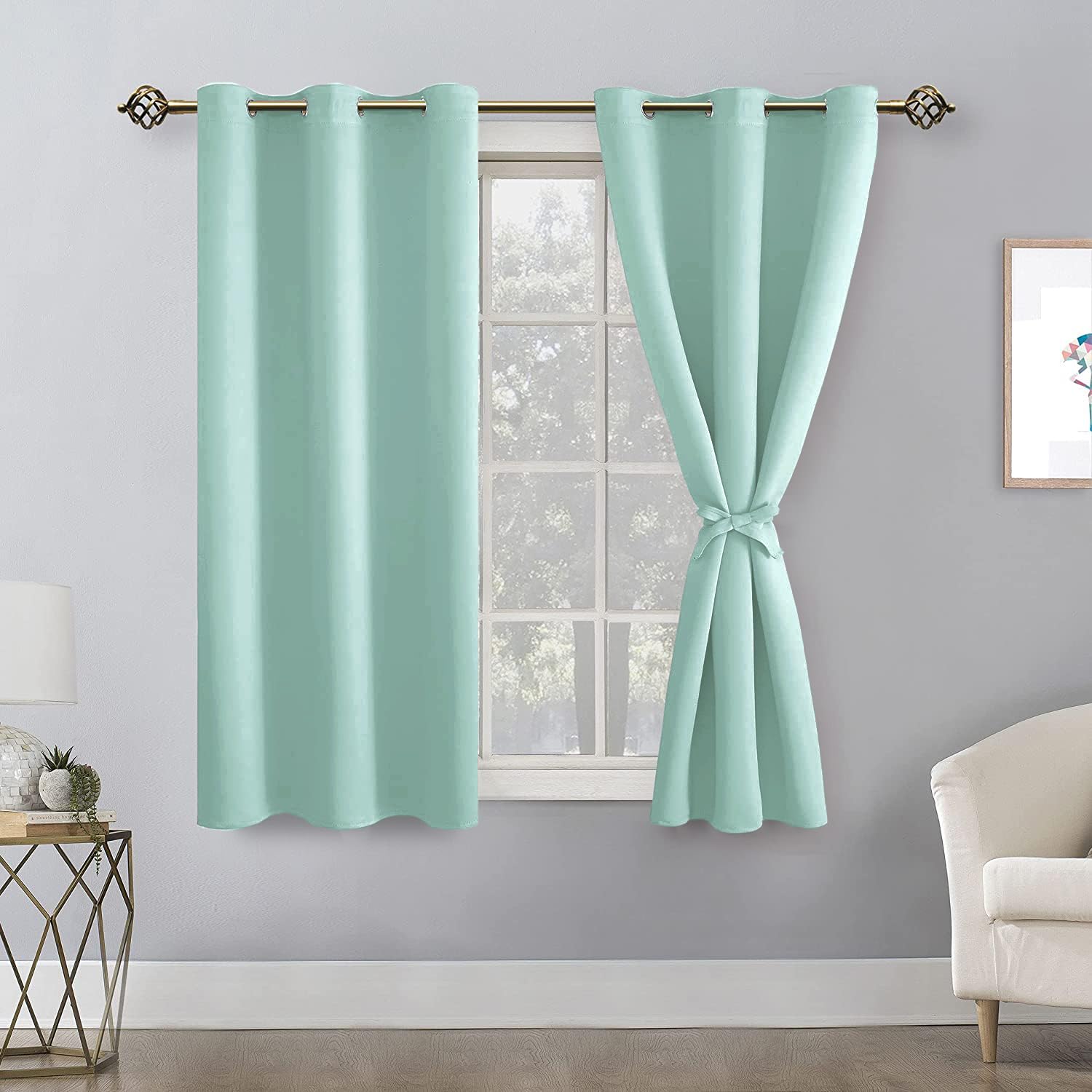 Hiasan Short Blackout Curtains For Bedroom - Thermal Insulated & Energy Saving Window Curtains For Living Room, 2 Drape Panels Sewn With Tiebacks, Aqua, 42 X 45 Inch