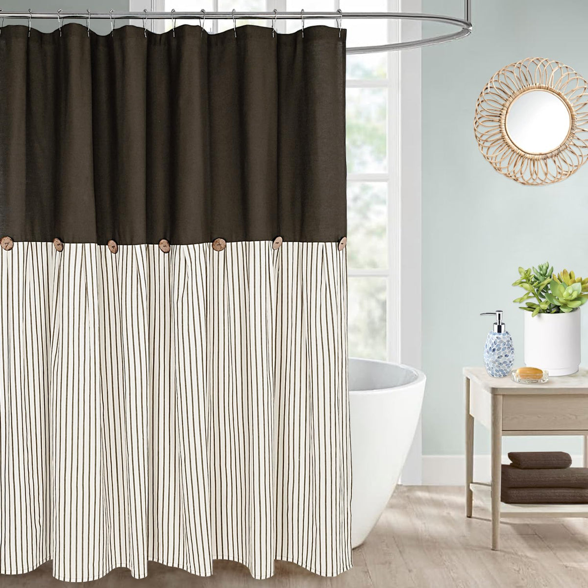 Dosly Id?S Farmhouse Shower Curtain,Beige And Brown Stripe,Button Curtain,Linen And Cotton Woven Fabric,Rustic Charm Country Chi