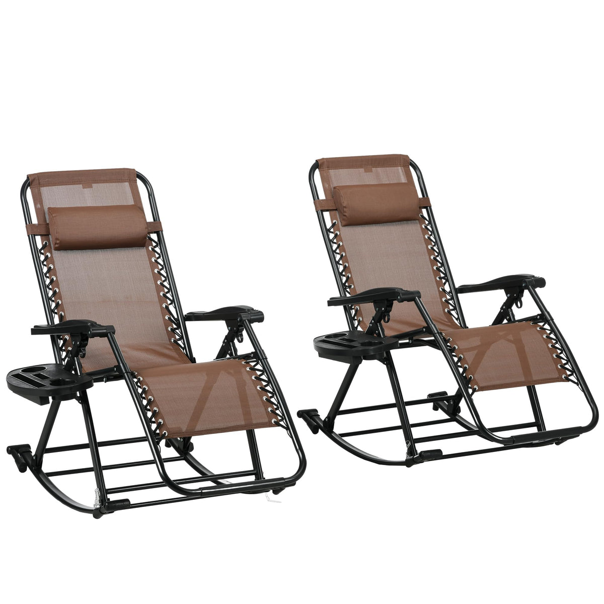 Outsunny Set Of 2 Outdoor Rocking Chairs, Foldable Reclining Zero Gravity Lounge Rocker With Pillow, Cup & Phone Holder, Combo Design With Folding Legs, Brown