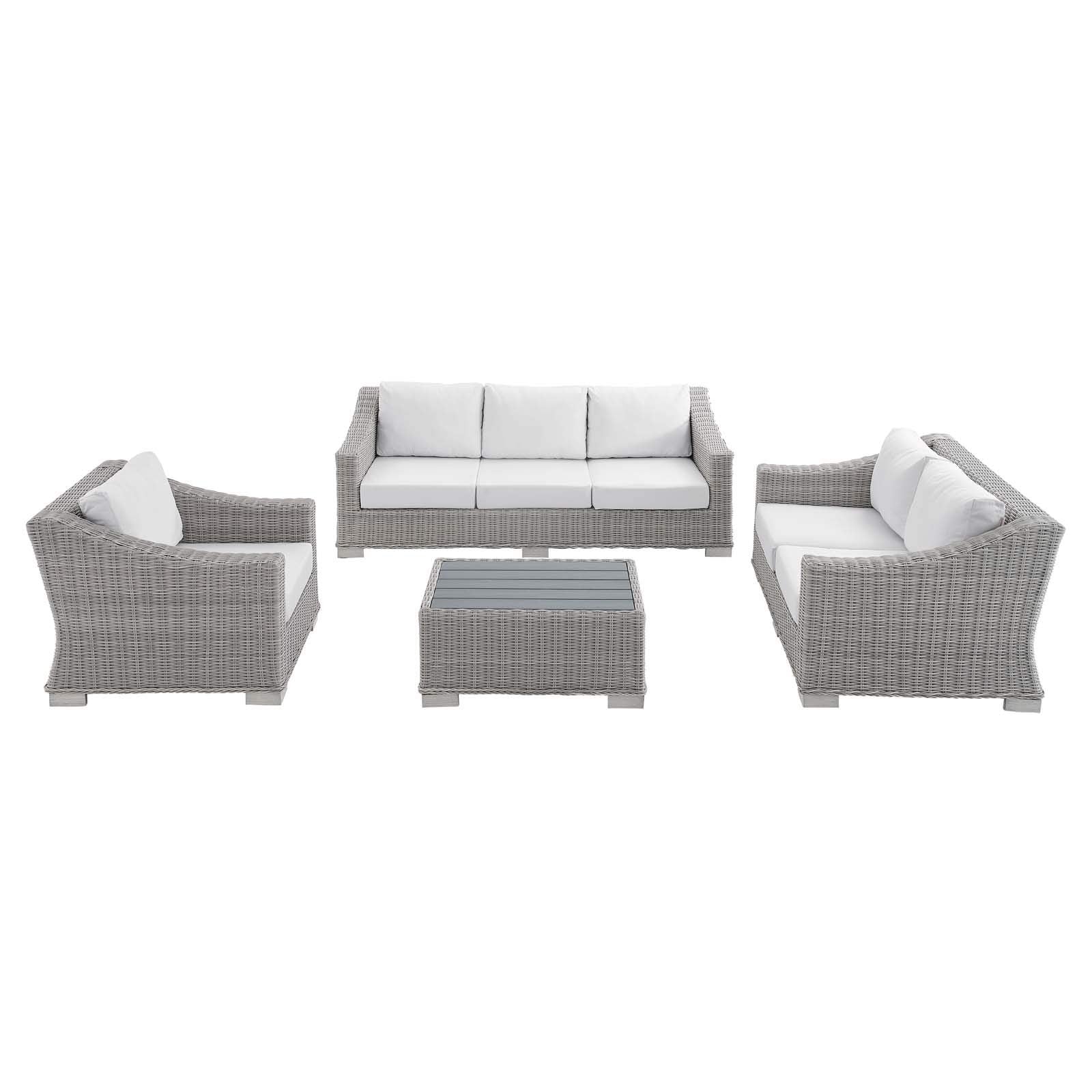Modway Conway Sunbrella Outdoor Patio Wicker Rattan 4-Piece Furniture Set, Light Gray White