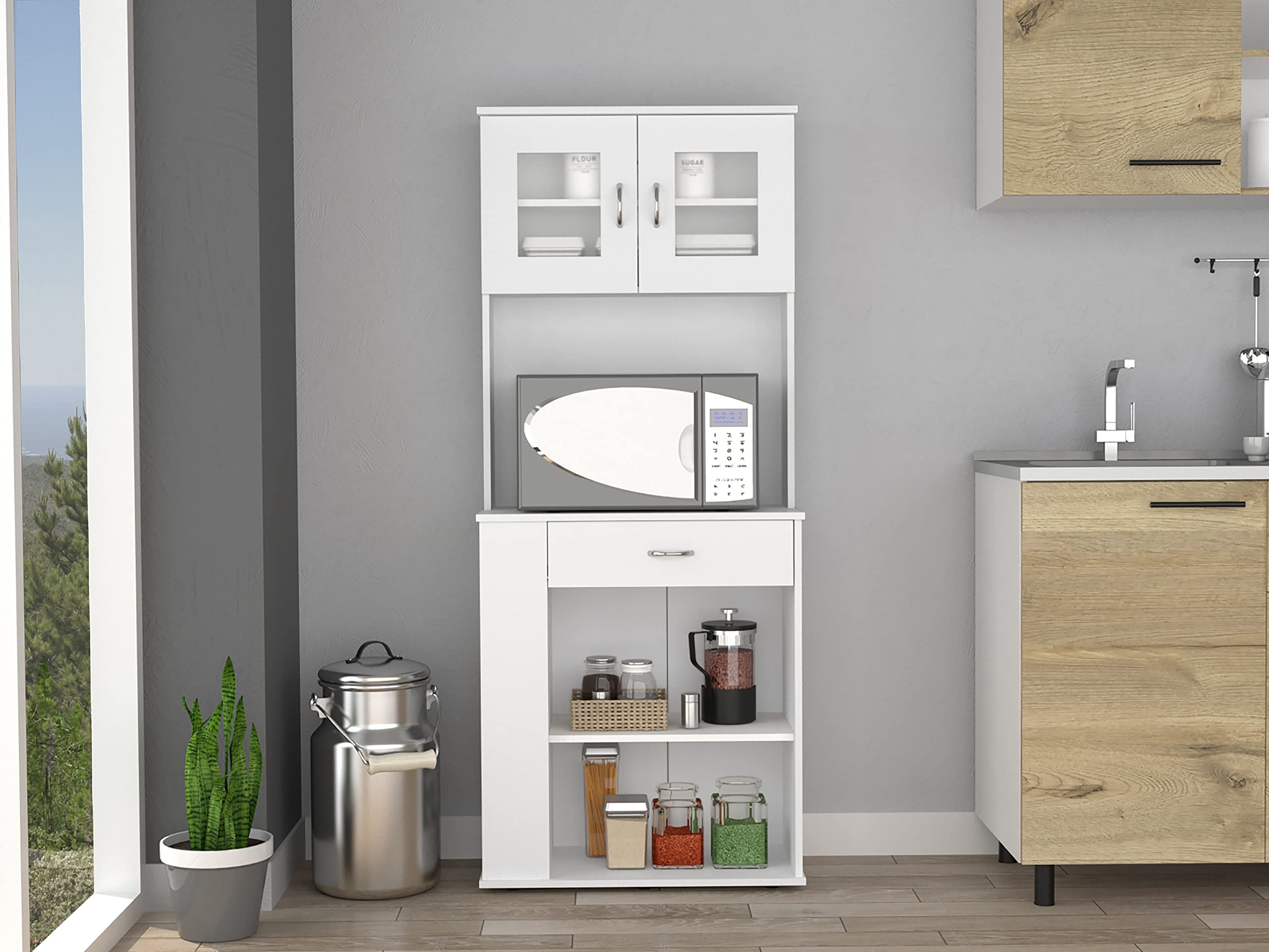 DEPOT E-SHOP Pantry Cabinet 67&quot; H, 2 Doors, 1 Drawer, 2 Open Storage Shelves, 2 Internal Shelves, 3 Open Side Storage Shelves, White