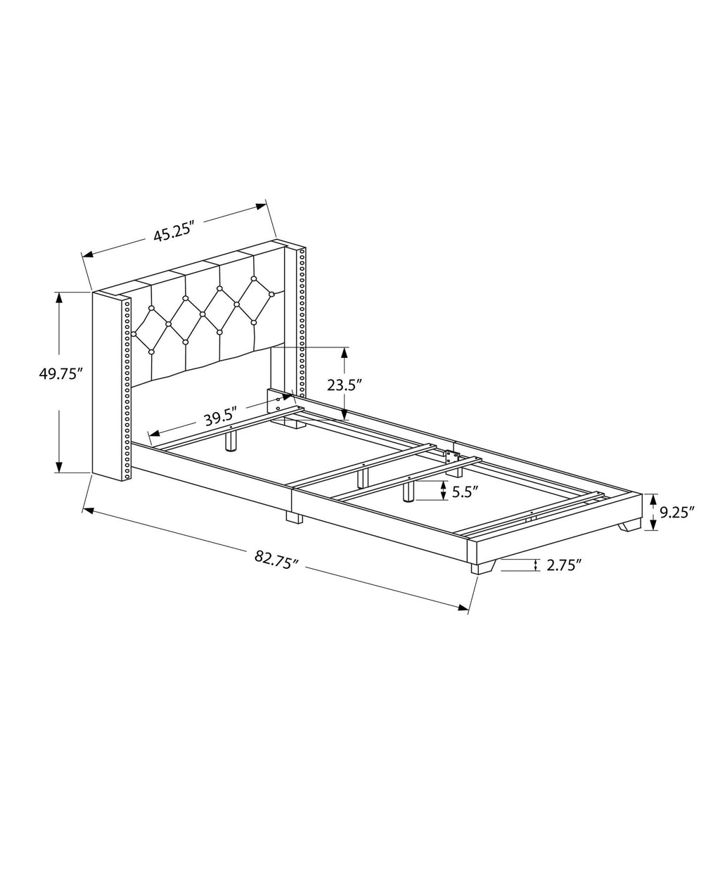 Monarch Specialties I Size/Grey Linen with Chrome Trim Twin Bed, Double,