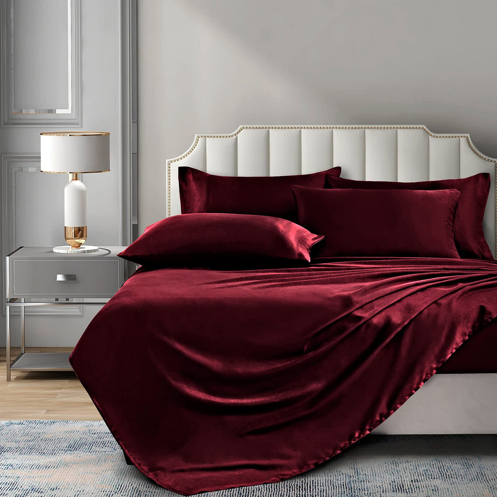 P Pothuiny 6 Pieces Full Satin Sheets Luxury Silky Burgundy Satin Bedding Sheet Set, 1 Deep Pocket Fitted Sheet + 1 Flat Sheet +