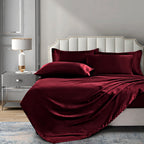 P Pothuiny 6 Pieces Full Satin Sheets Luxury Silky Burgundy Satin Bedding Sheet Set, 1 Deep Pocket Fitted Sheet + 1 Flat Sheet +