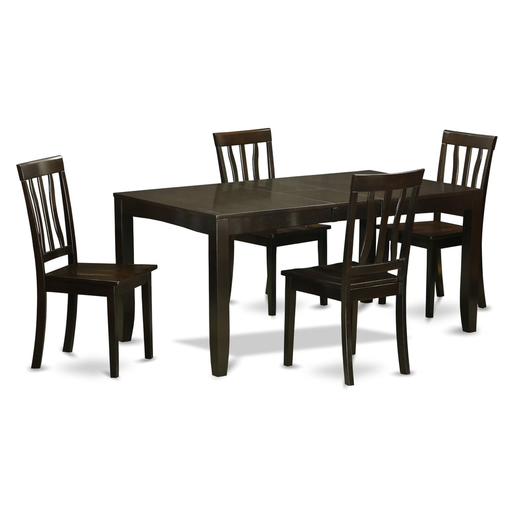 East West Furniture LYAN5-CAP-W Lynfield 5 Piece Kitchen Set for 4 Includes a Rectangle Dining Room Table with Butterfly Leaf and 4 Solid Wood Seat Chairs, 36x66 Inch, Cappuccino