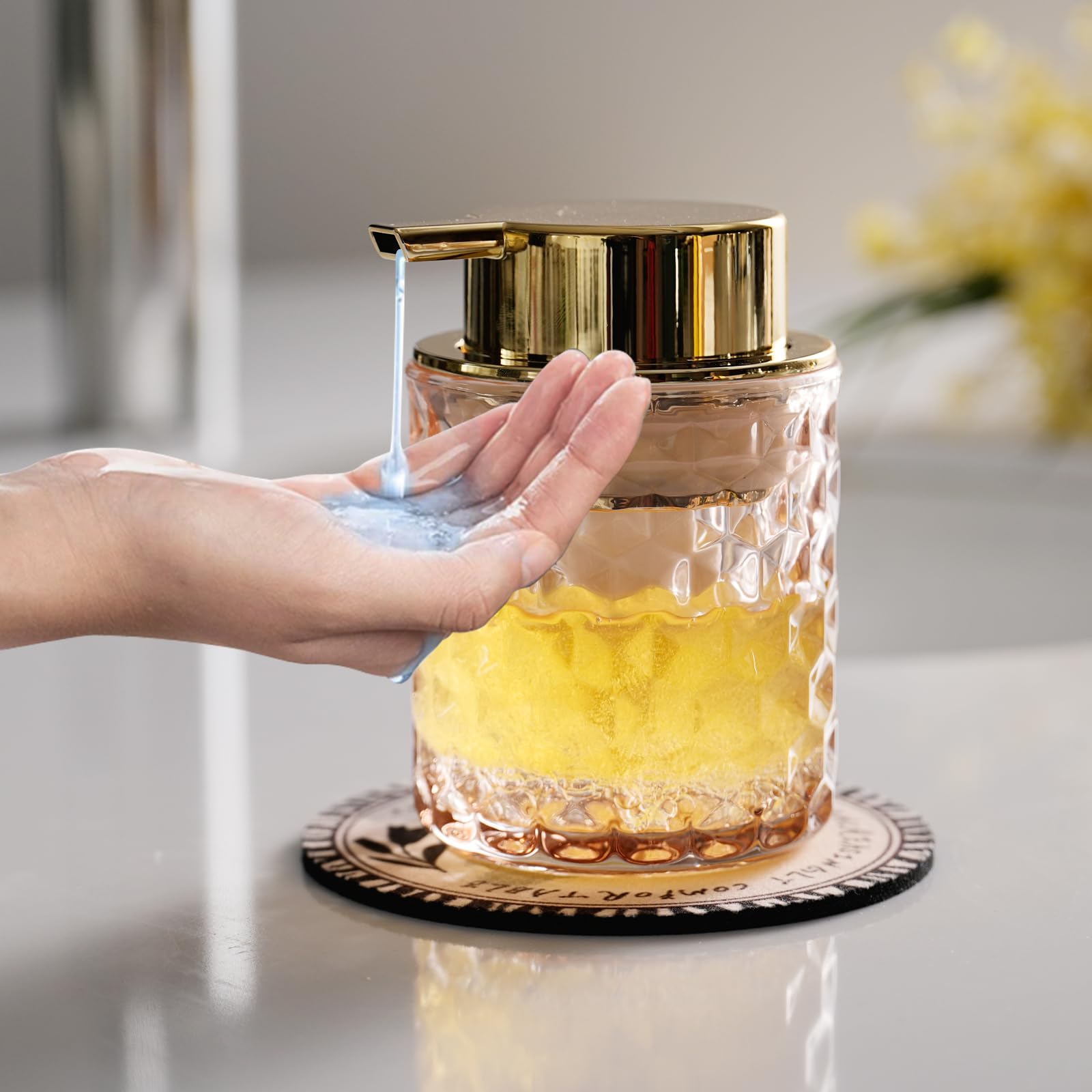 CICUFY Hand Soap Dispenser Glass, Refillable Liquid Dispenser for Bathroom & Kitchen,Lotion Dispenser with Large Gold Pump(Diamo