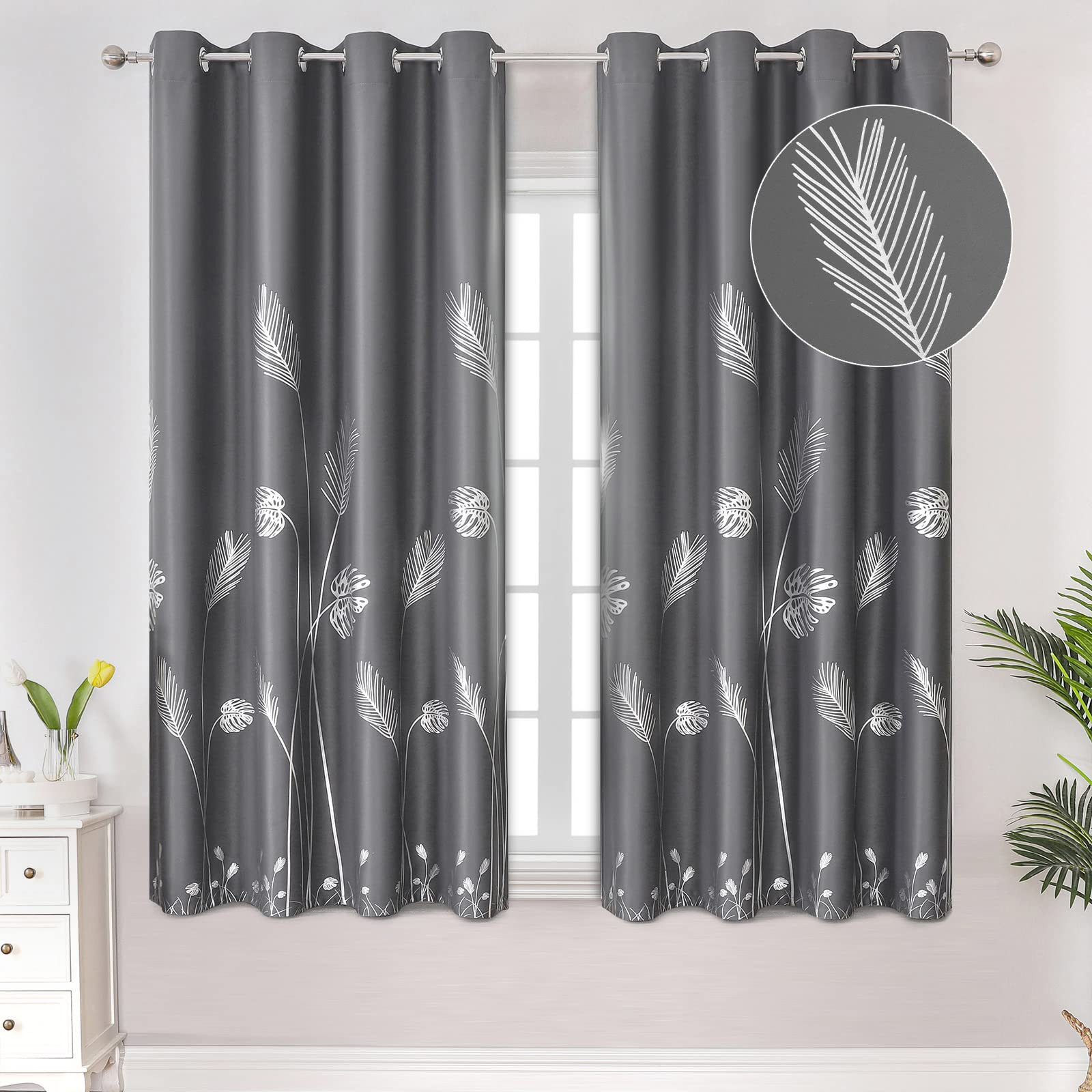 Estelar Textiler Silver Palm Tree Blackout Curtains 2 Panels For Bedroom Light Blocking Draperies Thermal Insulated Curtains For