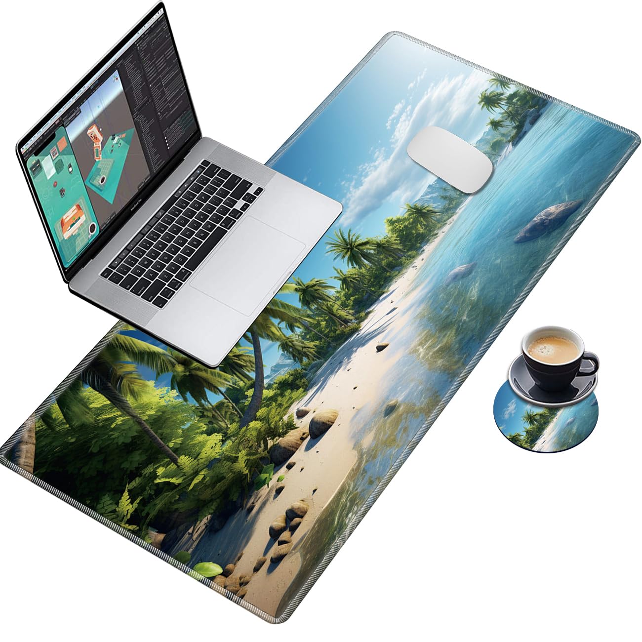 Desk Mat, Multifunctional Desk Pad For Keyboard And Mouse, With Cute Coasters And Mandala Stickers With Stitched Edges Non Slip