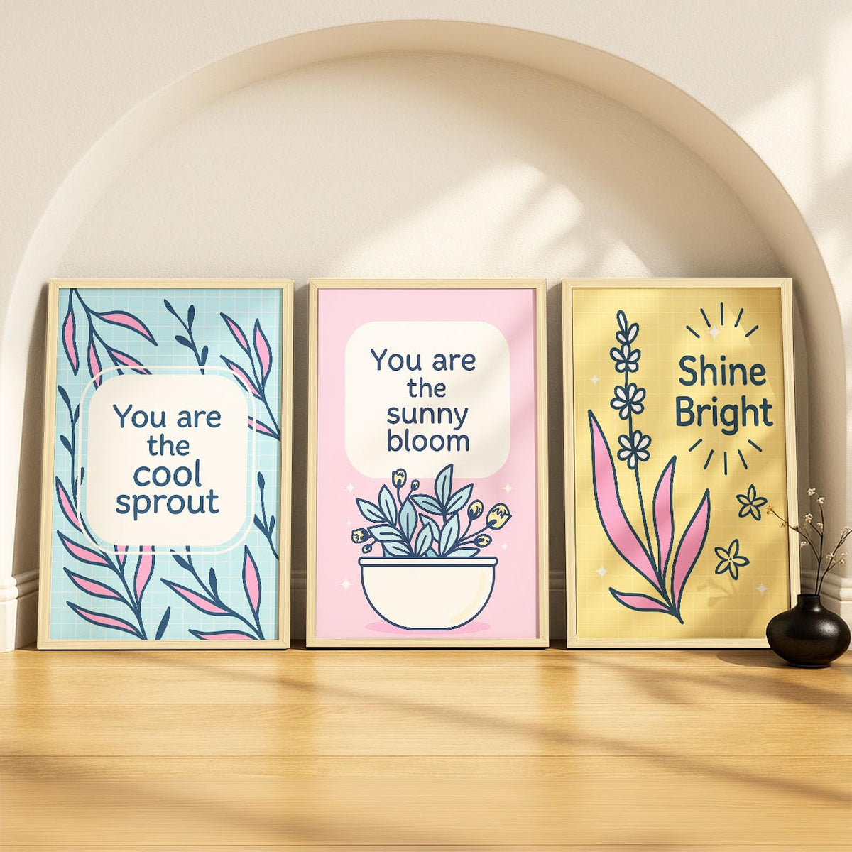 SoulAbiti Inspiring Plant Pop Quotes set of 3 Framed Wall Print 12x18 inch Light Brown Frame PlexiGlass Positive Affirmation Ar
