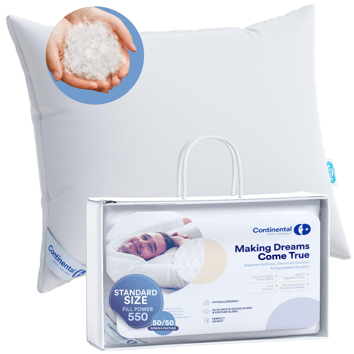 Continental Bedding Luxury Goose Feather Down Pillows Standard Size Pack Of 1 - Family Made In New York - Breathable Bed Pillows