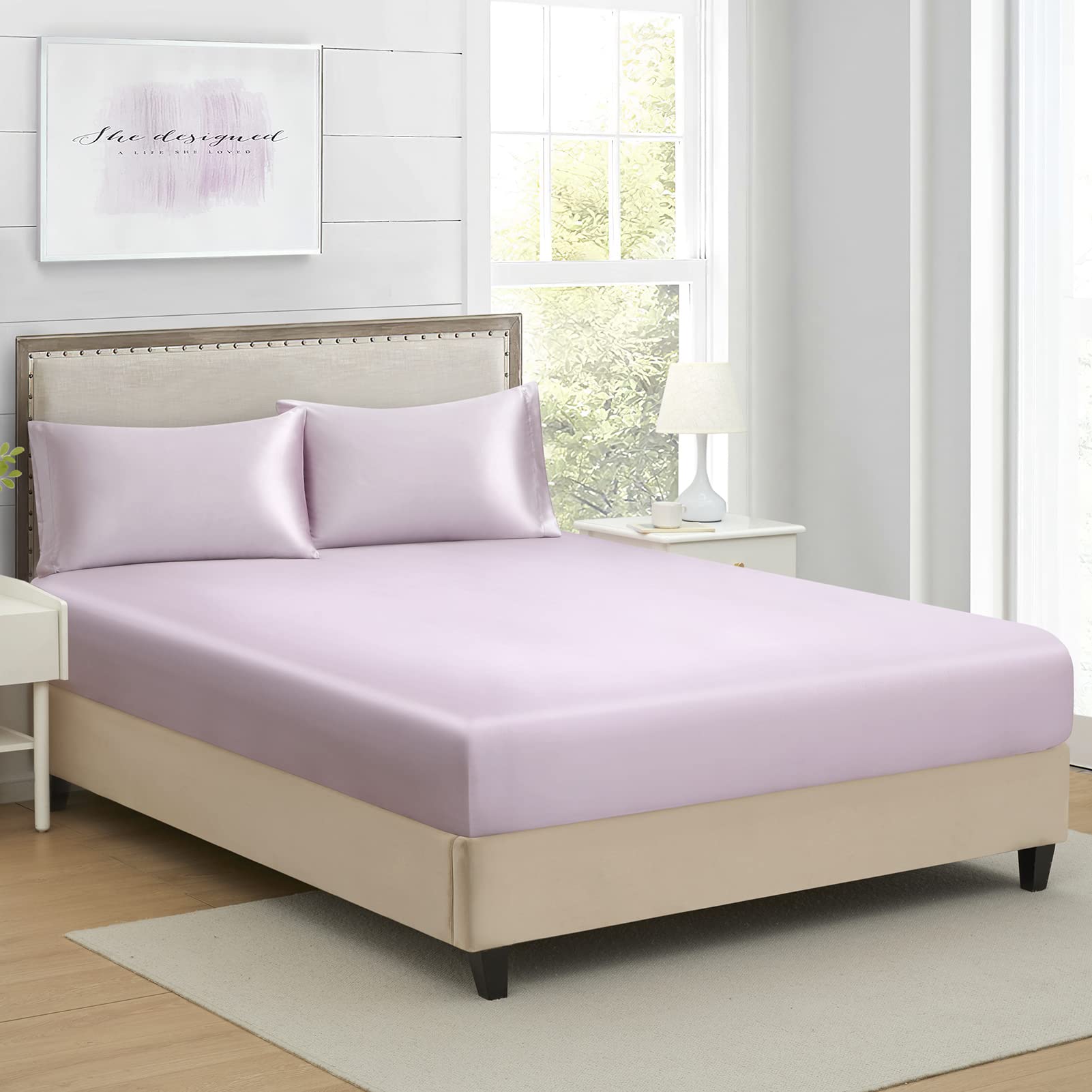 Twin Silk Satin Fitted Sheet, Soft Deep Pocket Single Bottom Bed Sheets Sold Separately, Wrinkle Free, Non- Fading, Breathable,