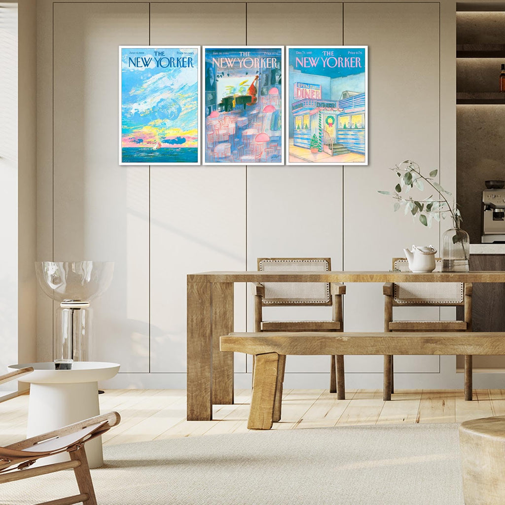 Dfaiuy Set Of 3 New Yorker Magazine Posters Modern Home Canvas Wall Art Retro Blue Minimalist Prints Painting Sunrise Sunset Sea