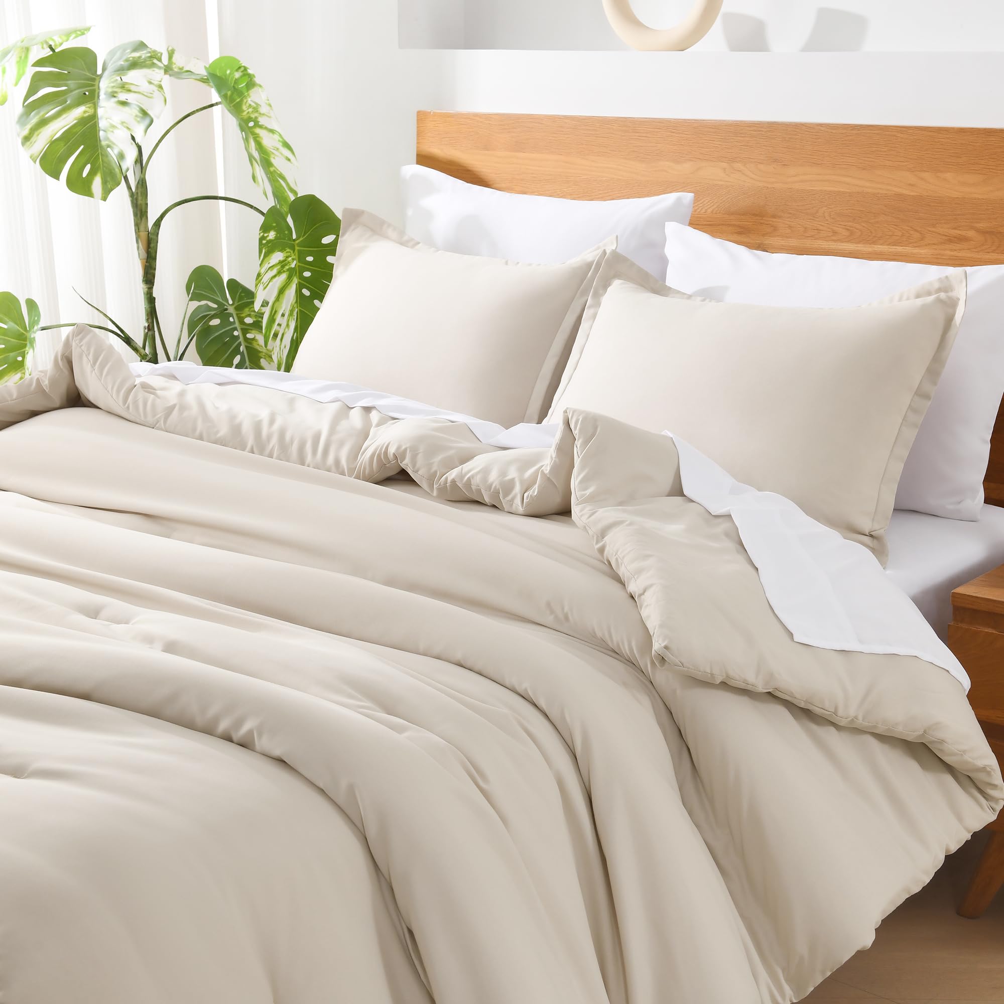 Andency Beige Queen Comforter Set - 7 Pieces Cream Bed In A Bag Queen Bedding Comforter Sets, Summer Solid Soft Lightweight Comforter With Fitted Sheets, Flat Sheets, Pillowcases & Shams