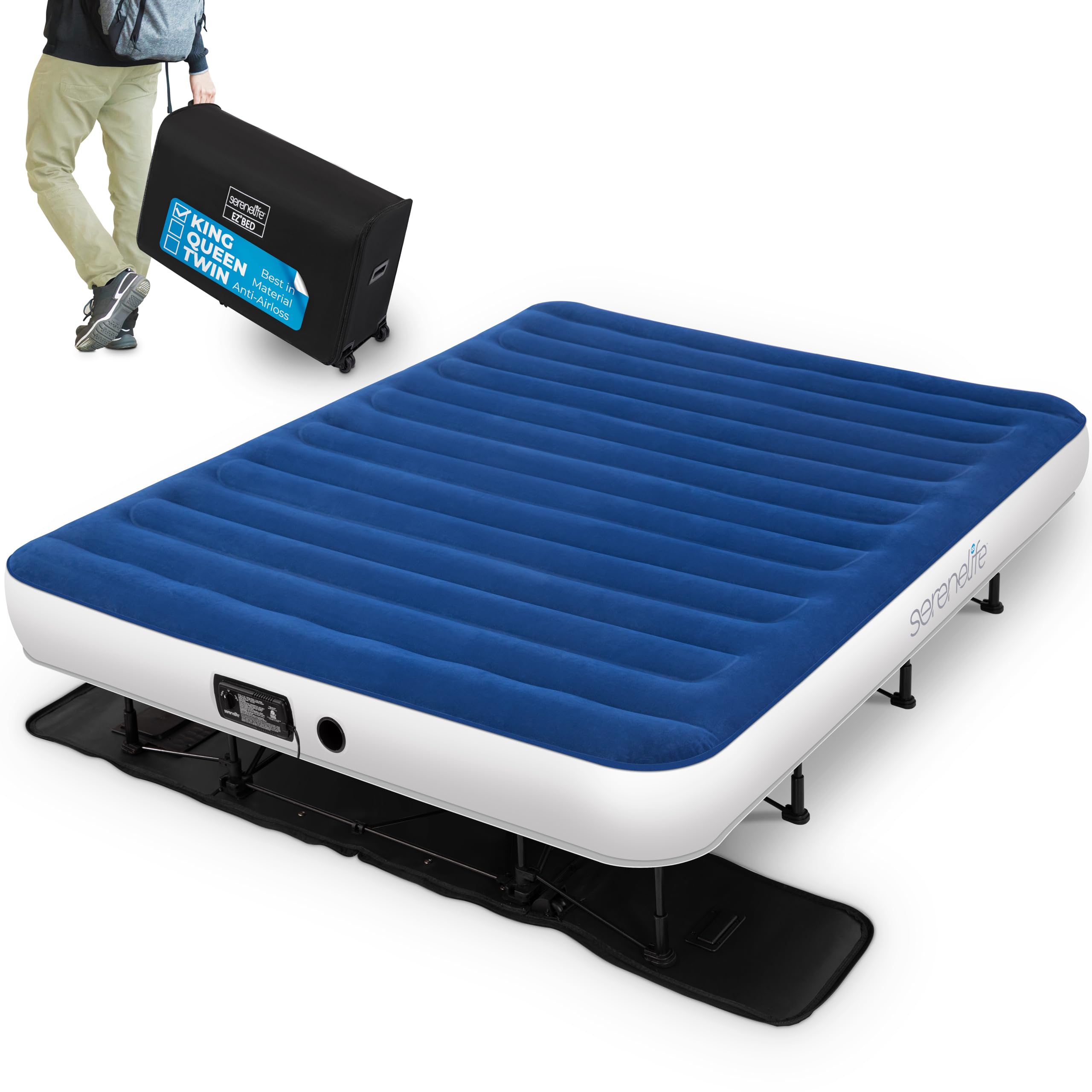 Serenelife Ez Bed Air Mattress With Frame And Rolling Case, Self-Inflating Airbed With Built In Pump For Travel And Hosting, Kin