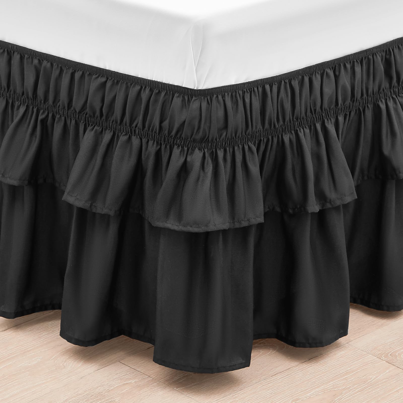 Rimela Ruffle Bed Skirt Black Full 14 Inch Drop, Elastic Wrap Around Bed Skirts Full Size, Easy To Install Dust Ruffle, Machine