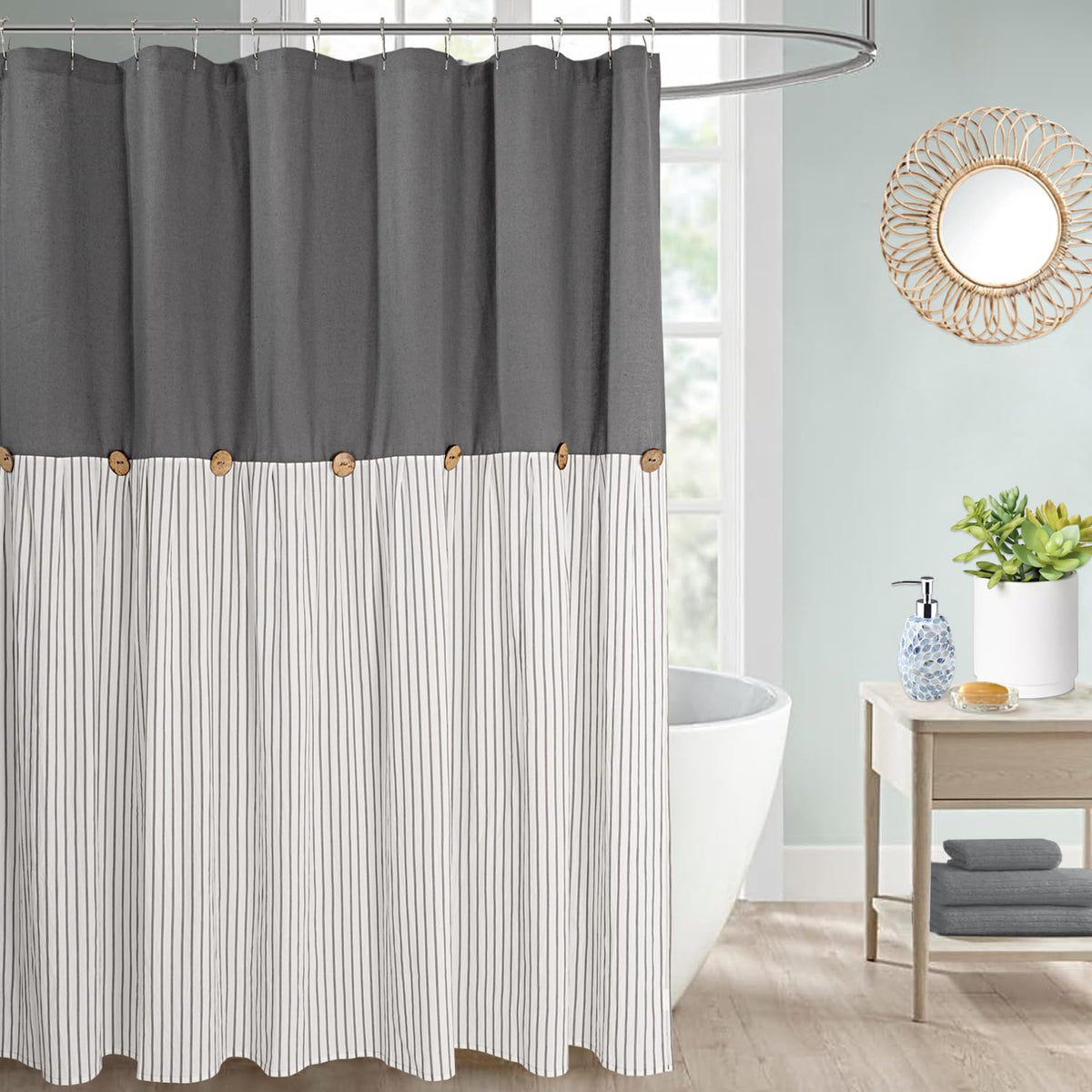 Dosly Id?S Farmhouse Shower Curtain,Beige And Gray Stripe,Button Curtain,Linen And Cotton Woven Fabric,Rustic Charm Country Chic