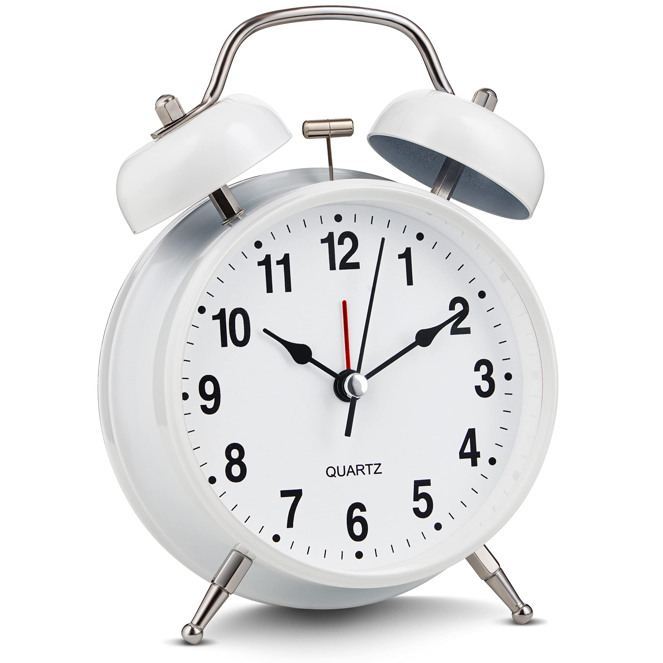 Bernhard Products Analog Alarm Clock Extra Loud Twin Bells Retro White 4 Inch Silent Non-Ticking Quartz Battery Operated with Ba
