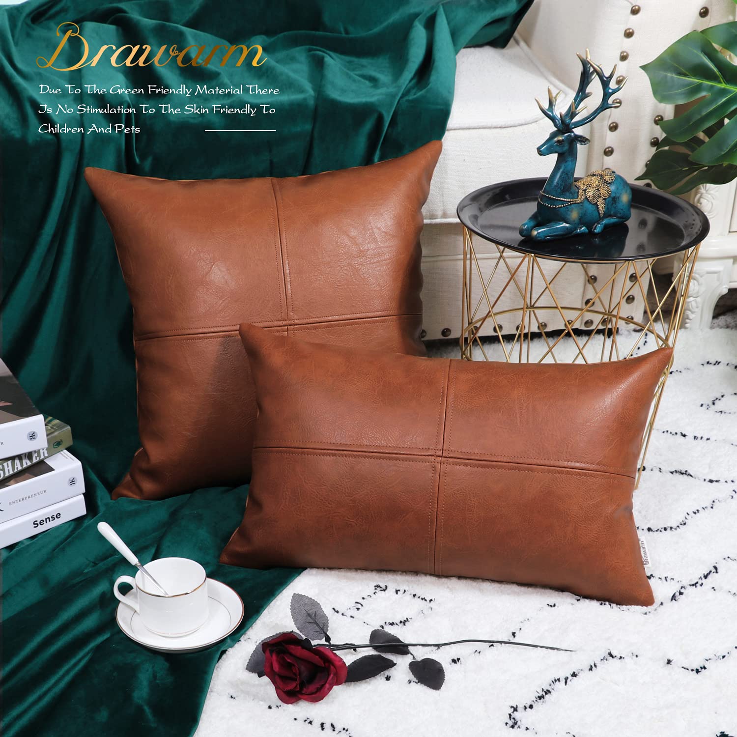 Brawarm Faux Leather Throw Pillow Covers 16 X 16 Inches, Cognac Leather Pillow Cover, Hand Stitched Leather Decorative Pillow Co