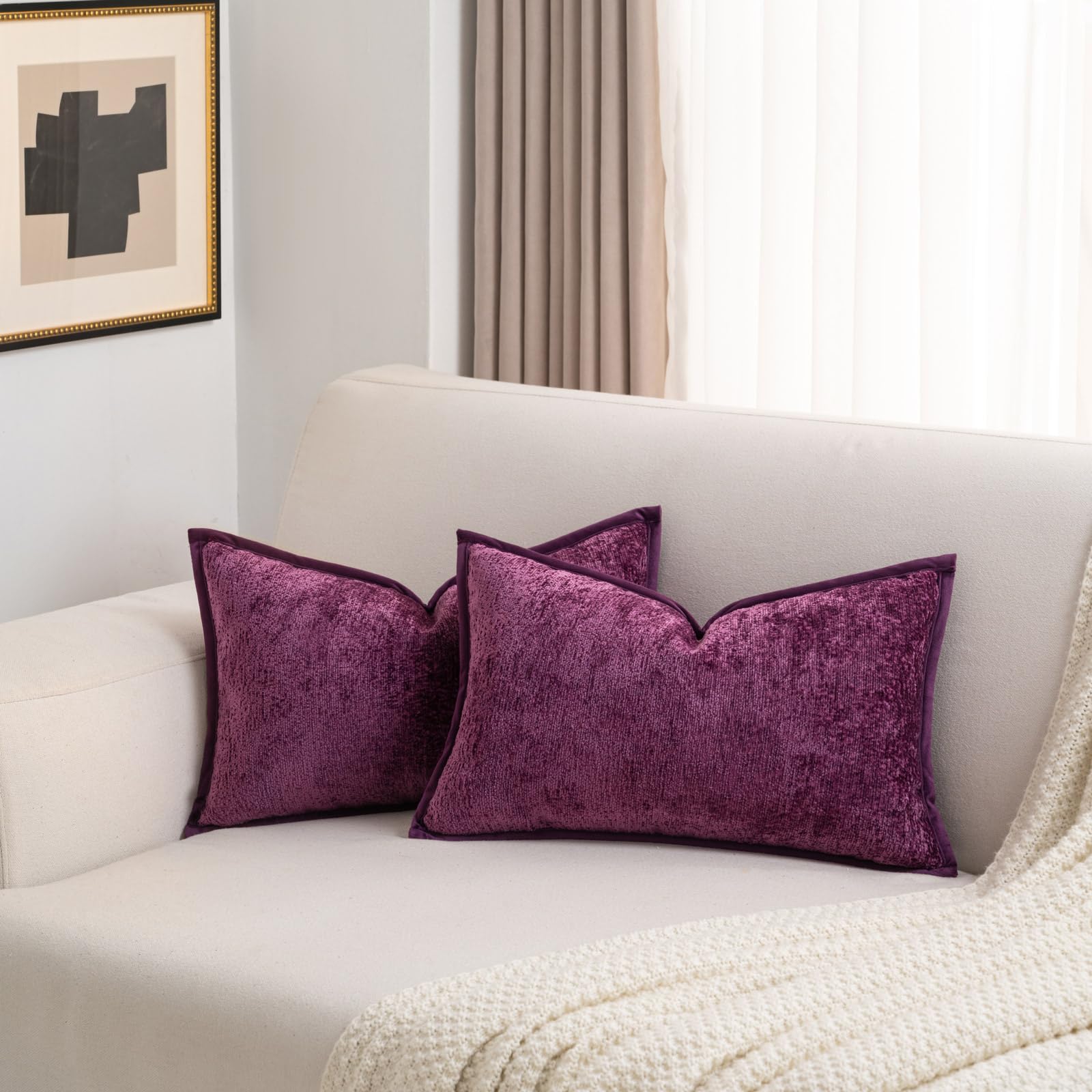 Futei Purple Chenille Throw Pillow Covers 12X20 Inch Set Of 2,Soft Velvet Lumbar Pillow Cases,Home Decor For Couch Bed Living Ro