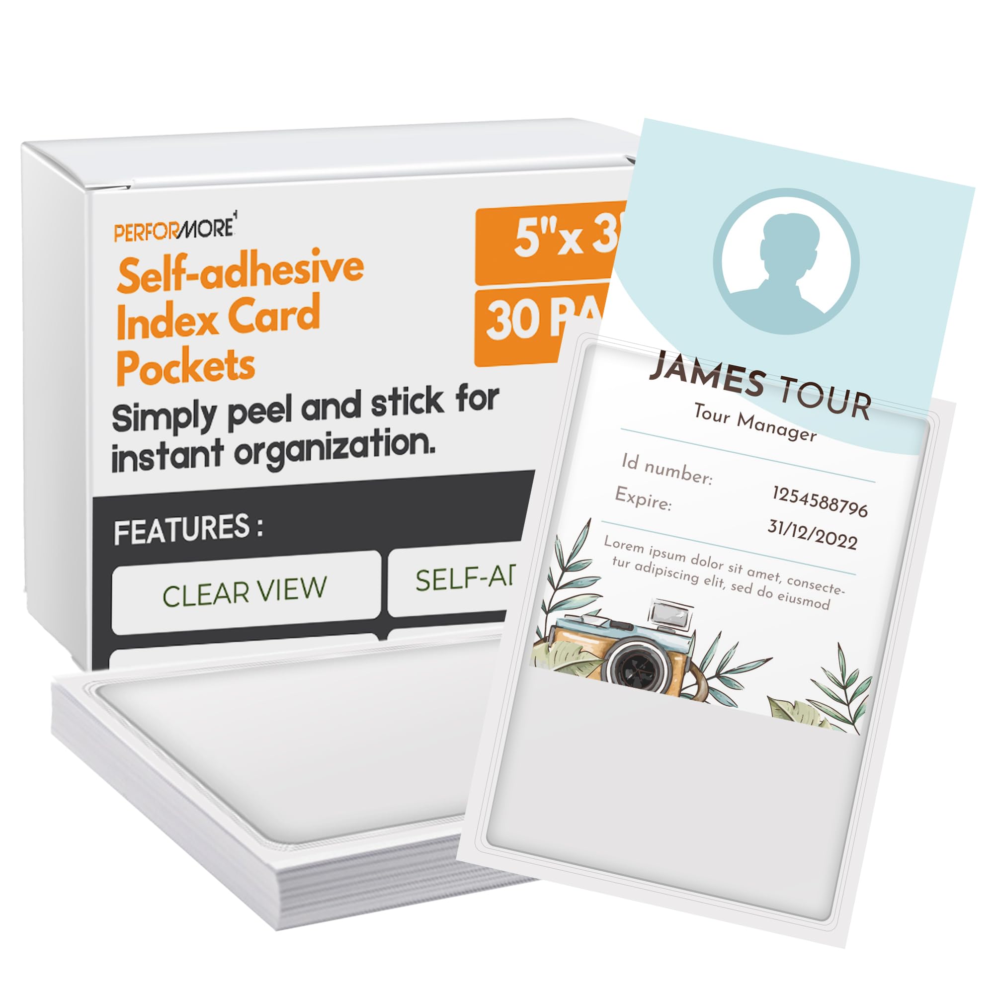 Performore 30 Pack Self-Adhesive Index Card Pockets, 5 X 3 Top Loading Plastic Protector, Clear Plastic Label Holder For Storage