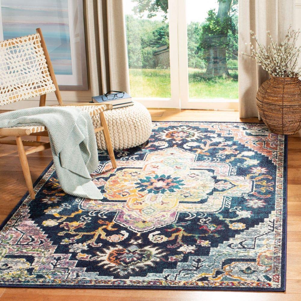 SAFAVIEH Crystal Collection 5 Square Navy / Fuchsia CRS501H Boho Chic Oriental Medallion Distressed Non-Shedding Living Room Be