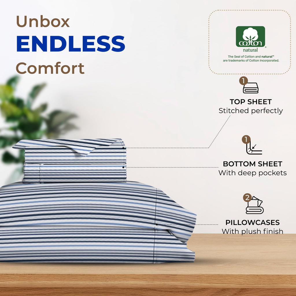 Thread Spread 100% Egyptian Cotton Printed Bed Sheets - 600 Thread Count 4 Pc California King Sheet Set, Hotel Luxury Bedsheet, 16' Deep Pocket Cooling Sheets For Cal King Size Bed - Variegated Stripe