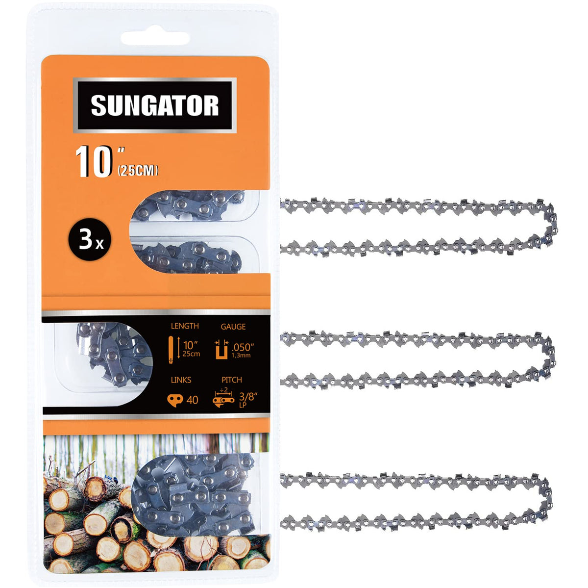 Sungator 3-Pack 10 Inch Chainsaw Chain Sg-S40, 3/8' Lp Pitch - .050' Gauge - 40 Drive Links, Compatible With Remington, Crafts