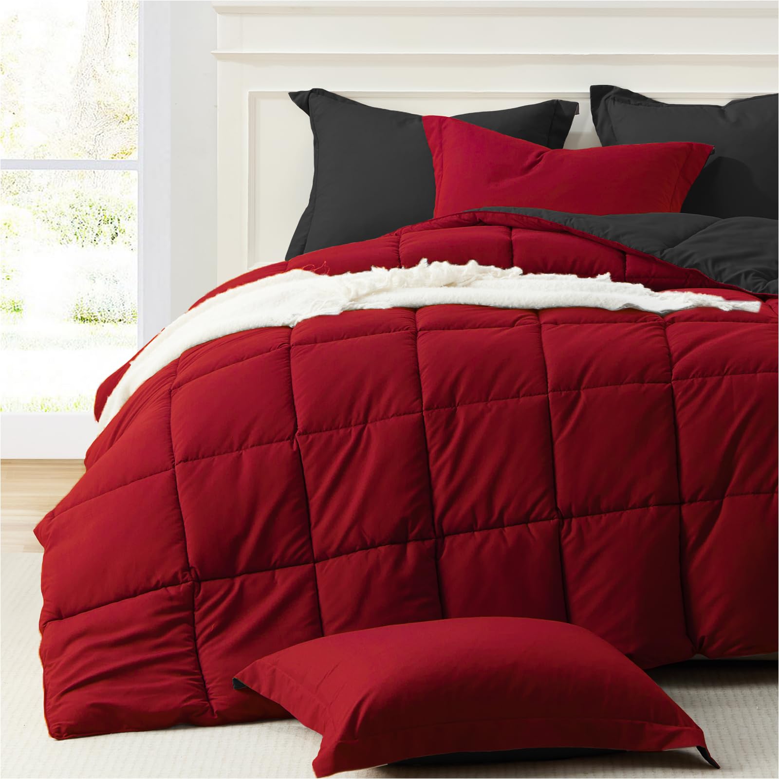 Homelike Moment King Size Comforter Set Red Black, Comforter King Size Bed Set Lightweight Reversible Down Alternative Bed Comfo