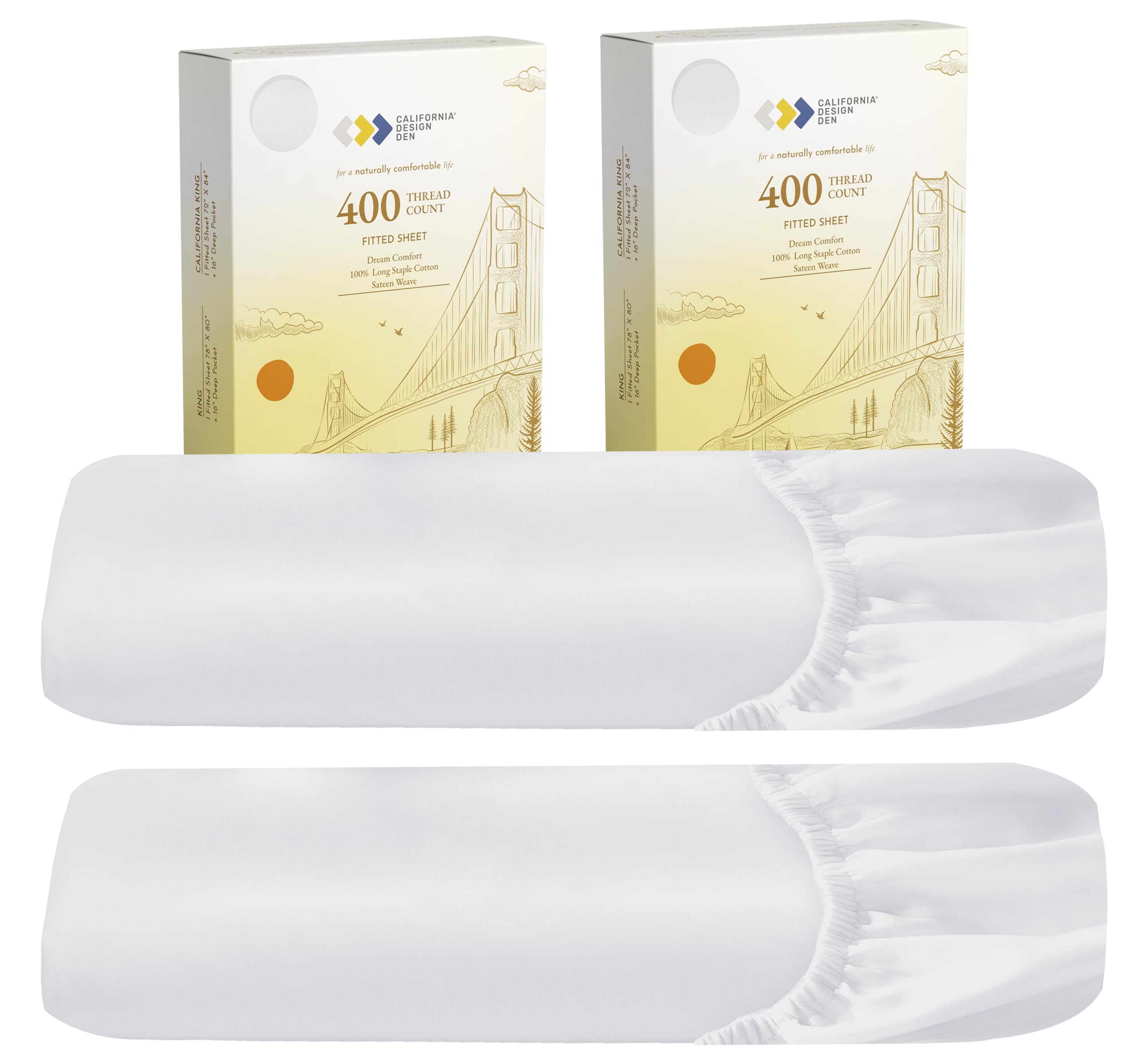 2-Pack King Fitted Sheets, 400 Thread Count 100% Cotton Sateen, King Size Fitted Sheets With Deep Pockets (Bright White)