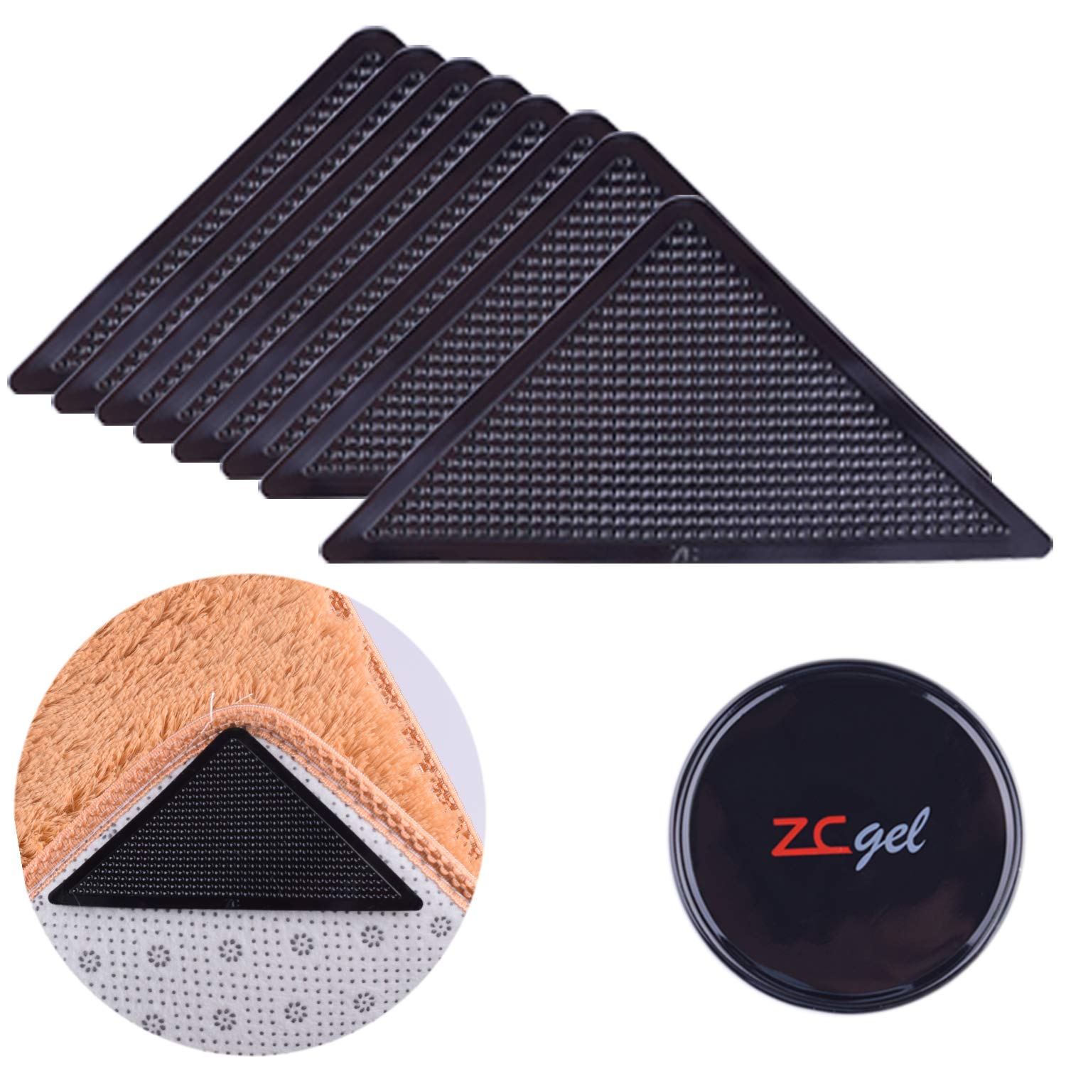 ZC GEL Carpet Stickers (8 Pcs), Anti Slip Rug Holder Reusable Washable Rug Stickers for Area Rugs, Dual Sided Adhesive Rug Stopp