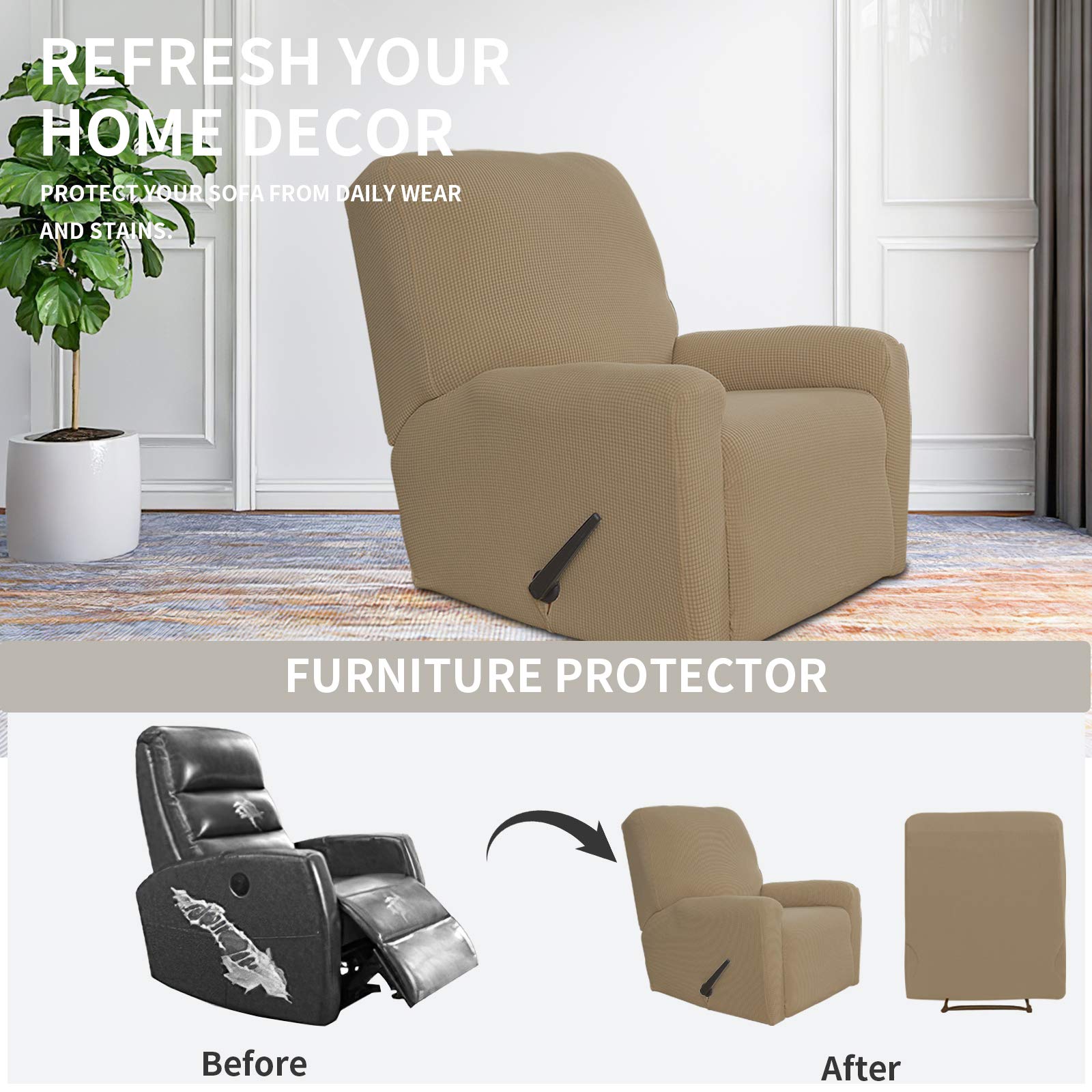 Easy-Going Recliner Stretch Sofa Slipcover Sofa Cover 4-Pieces Furniture Protector Couch Soft With Elastic Bottom Kids Spandex Jacquard Fabric Small Checks(Recliner,Tan,Large)