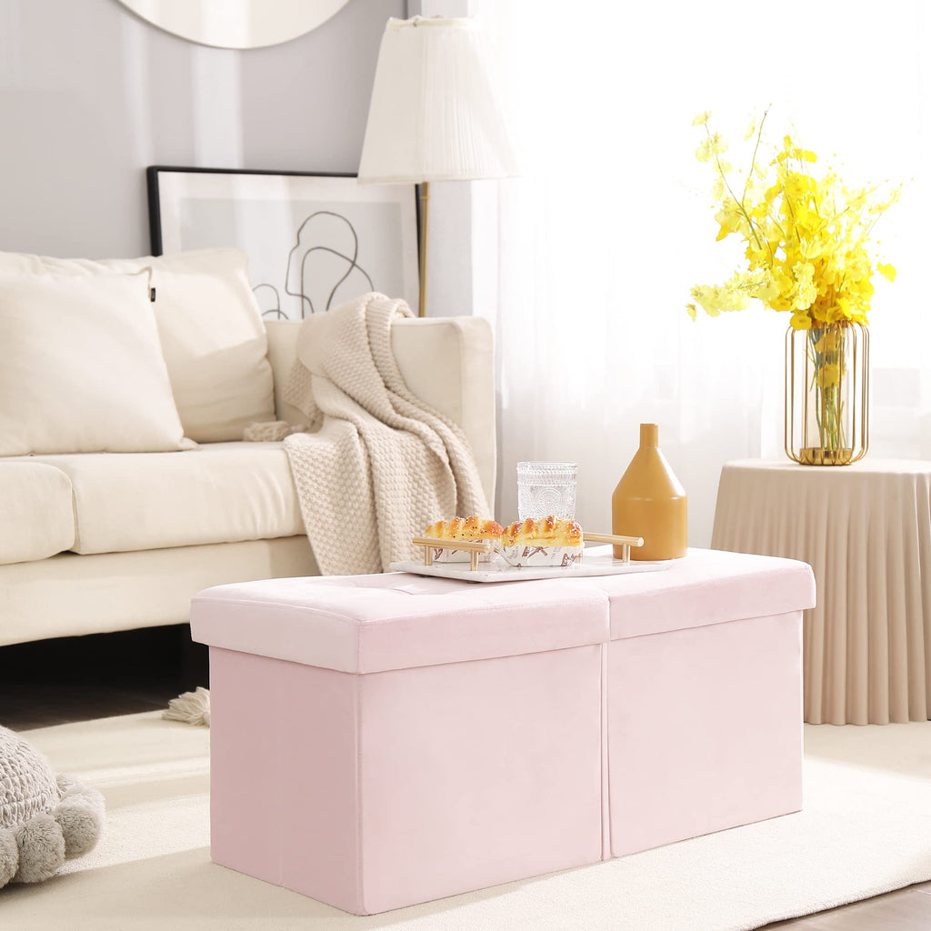 Cuyoca Storage Ottoman Bench Foldable Seat Footrest Shoe Bench End Of Bed Storage With Flipping Lid, 75L Storage Space, 30 Inches Velvet Pink