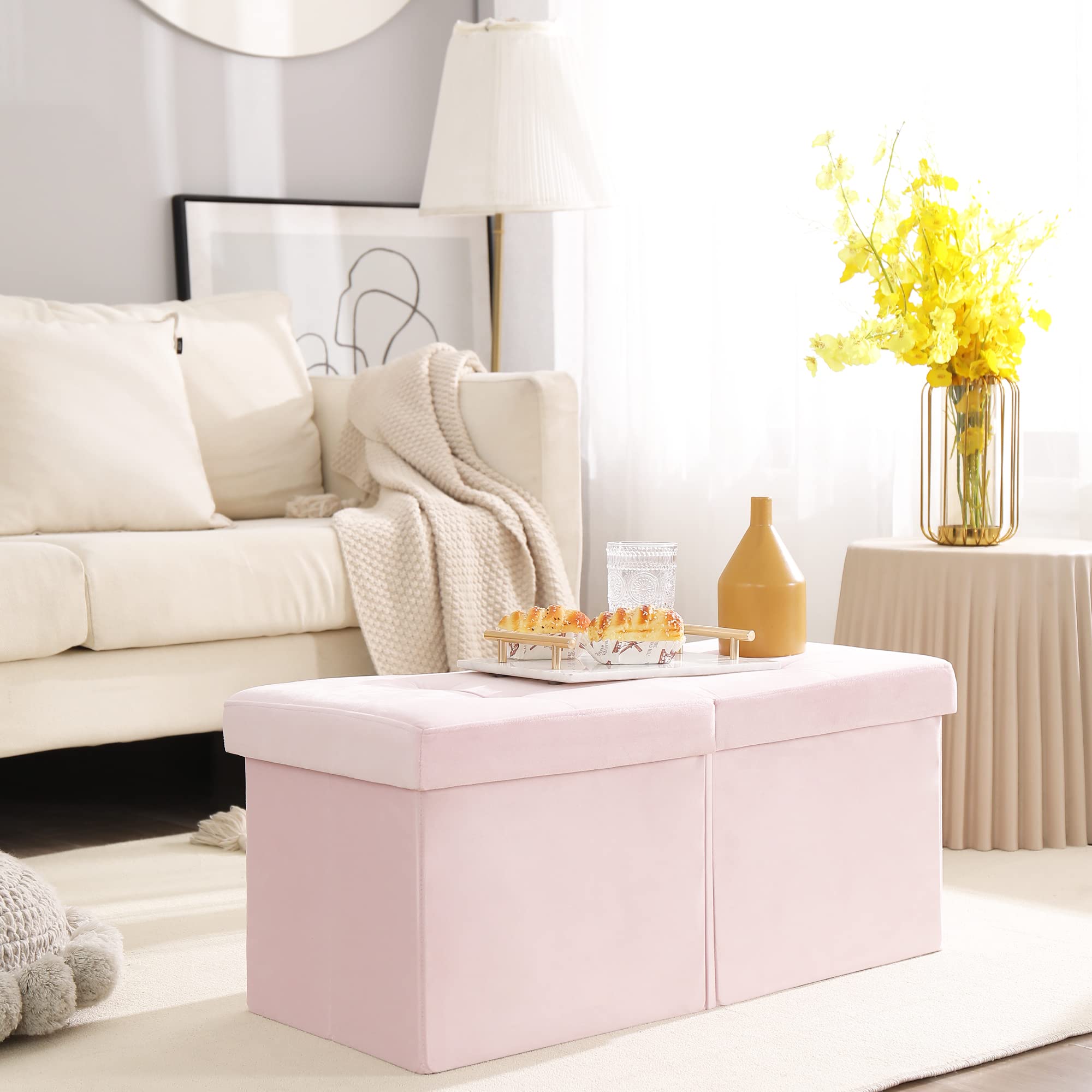 Cuyoca Storage Ottoman Bench Foldable Seat Footrest Shoe Bench End Of Bed Storage With Flipping Lid, 75L Storage Space, 30 Inches Velvet Pink