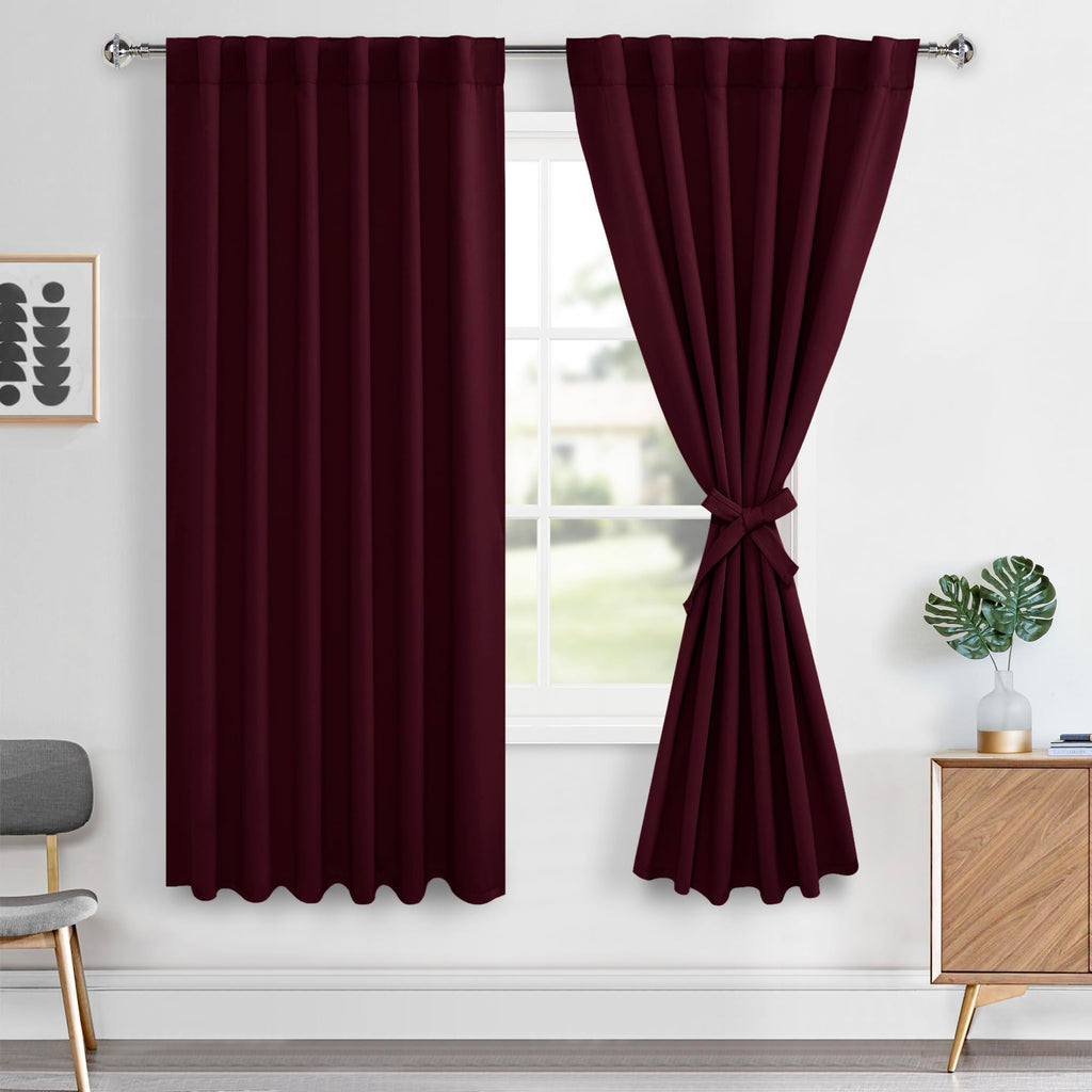 Hiasan Christmas Curtains 63 inch Long Sewn with Tiebacks, Rod Pocket & Back Tab Blackout Thermal Insulated Burgundy Red Drapes,