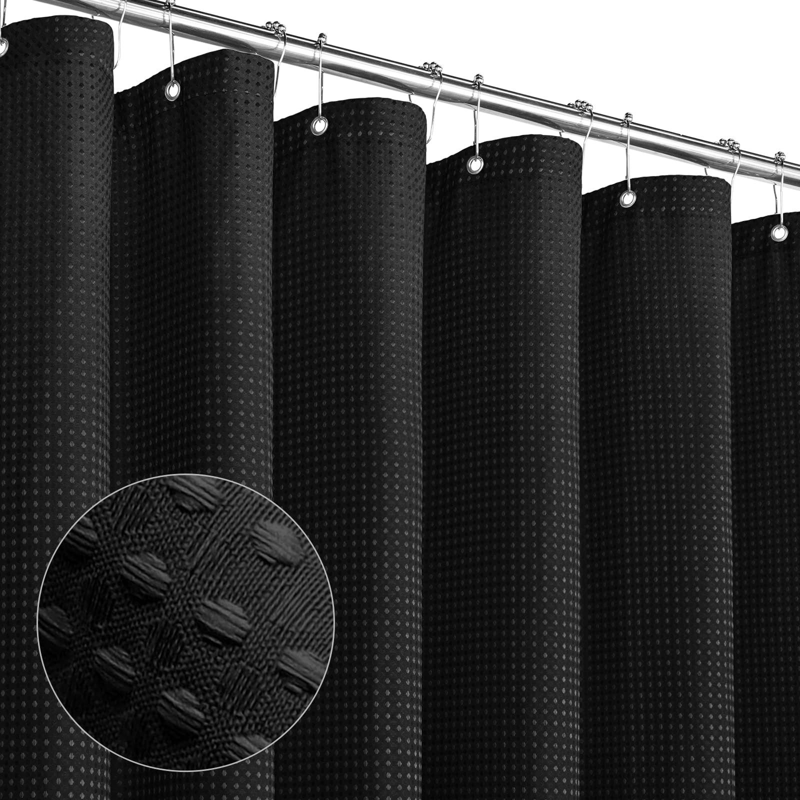 Mitovilla Black Waffle Fabric Shower Curtain, Heavyweight Hotel-Grade Cloth Shower Curtain For Modern Country Bathroom Decor, Wa