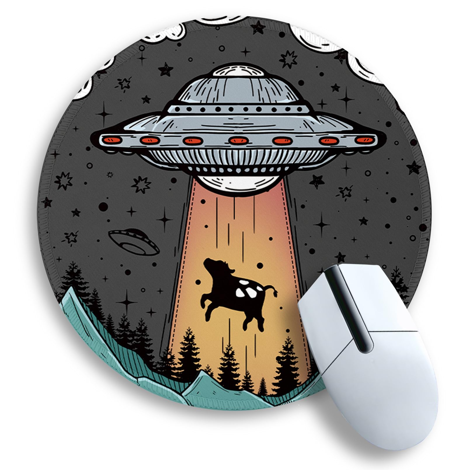 Gctriki Funny Round Mouse Pad, Mini Mouse Pad For Desk, Fun Ufo Cow Abduction Mousepad, Stitched Edge Non-Slip Rubber Base, Lapt