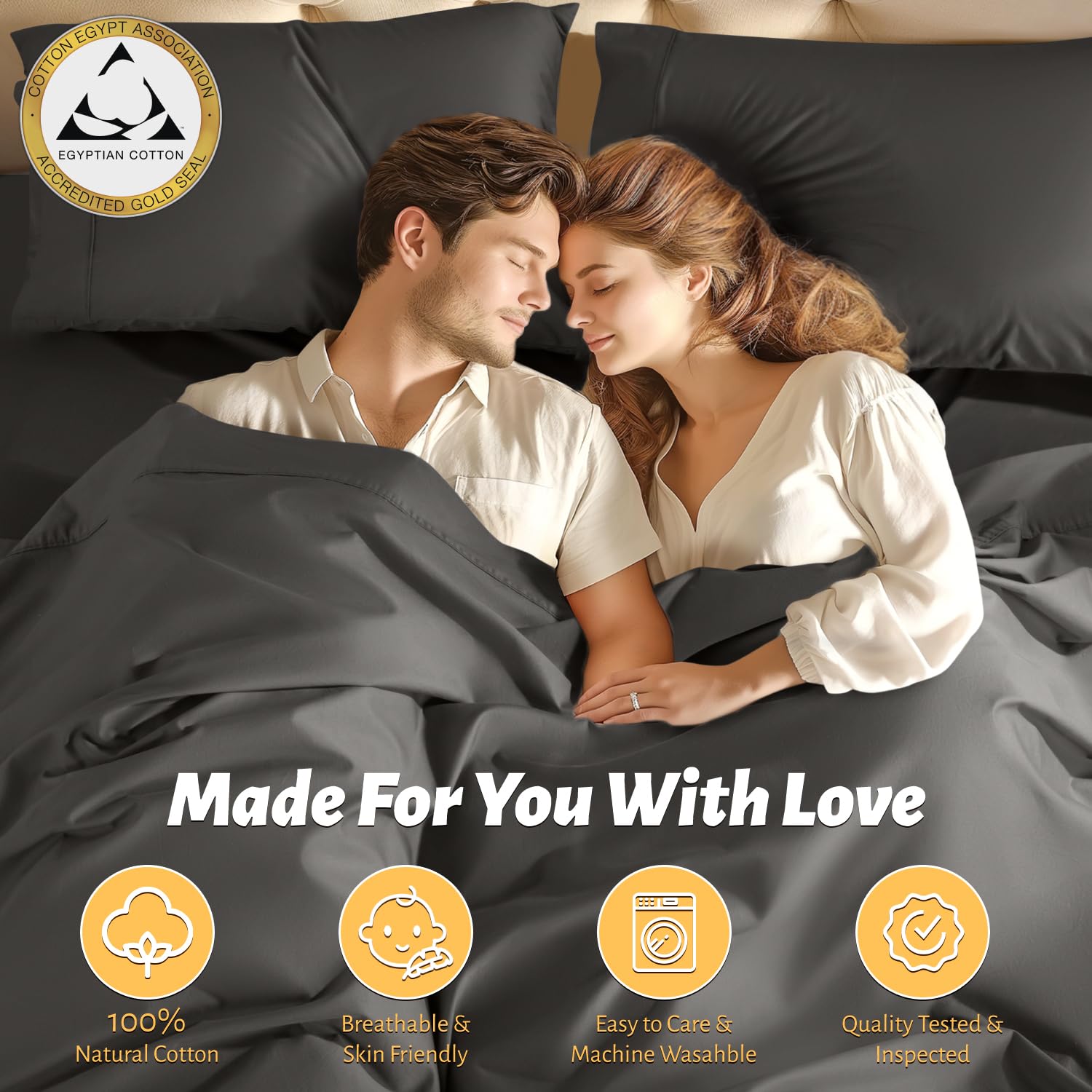 Shilucheng 100% Egyptian Cotton Sheets Set - 1000 Thread Count,Luxury Cotton Bed Sheets,Breathable & Cooling Bedding And Pillow Cases, 16 Inch Deep Pocket - 4 Piece (Dark Grey, Full)