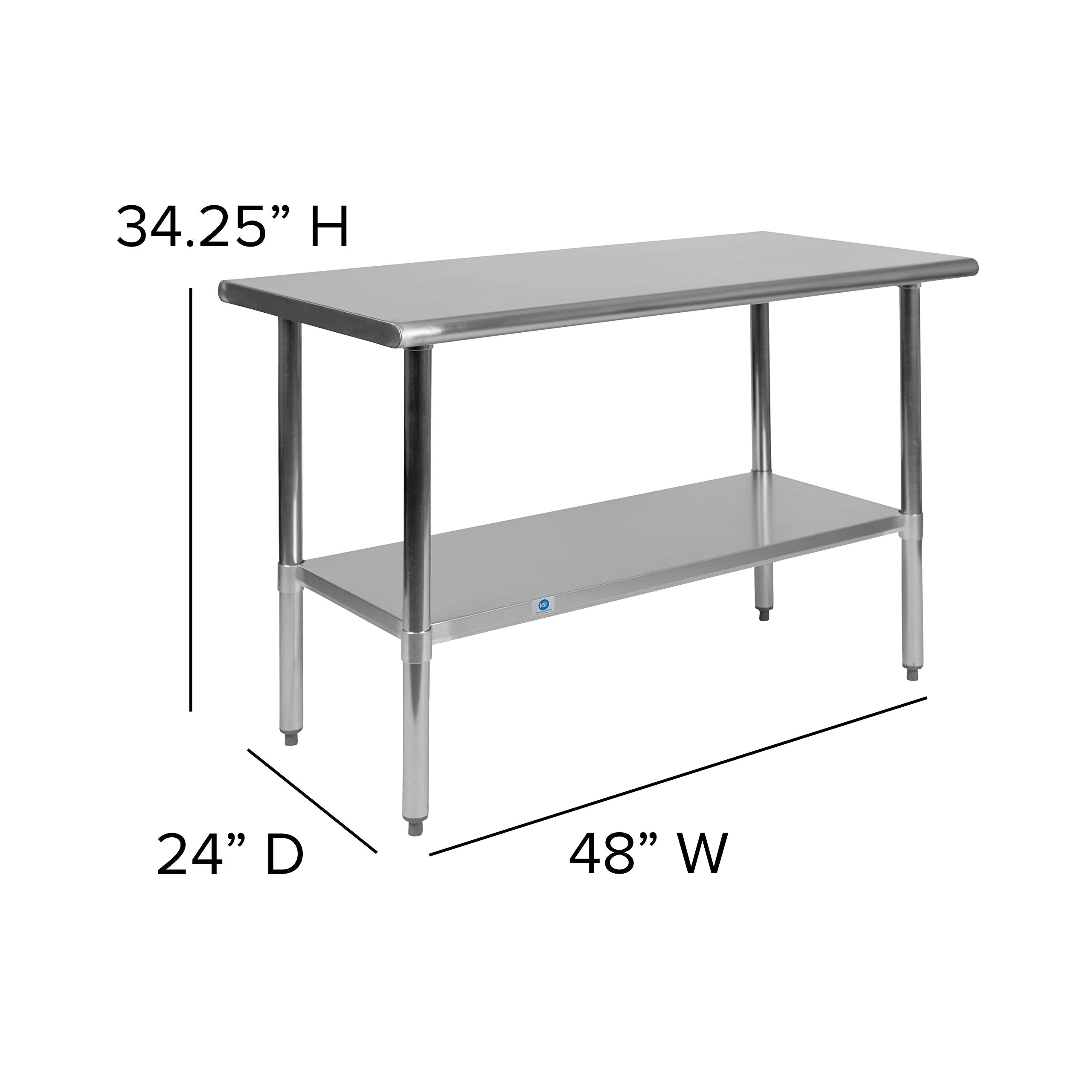Flash Furniture Rawcliffe Stainless Steel 18 Gauge Prep and Work Table with Undershelf - NSF Certified - 48&quot;W x 24&quot;D x 34.5&quot;H