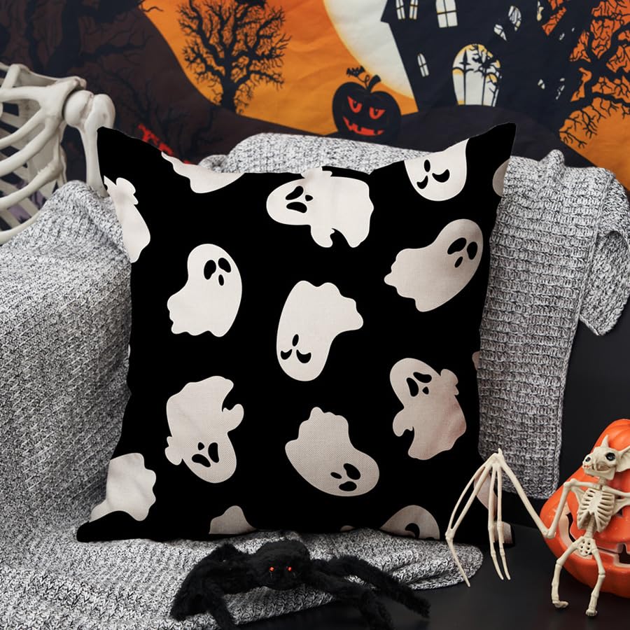 Dfxsz Halloween Pillow Covers 20X20 Inch Set Of 2 Happy Halloween White Ghost Decor Black Pillow Covers Happy Halloween Sofa Bed