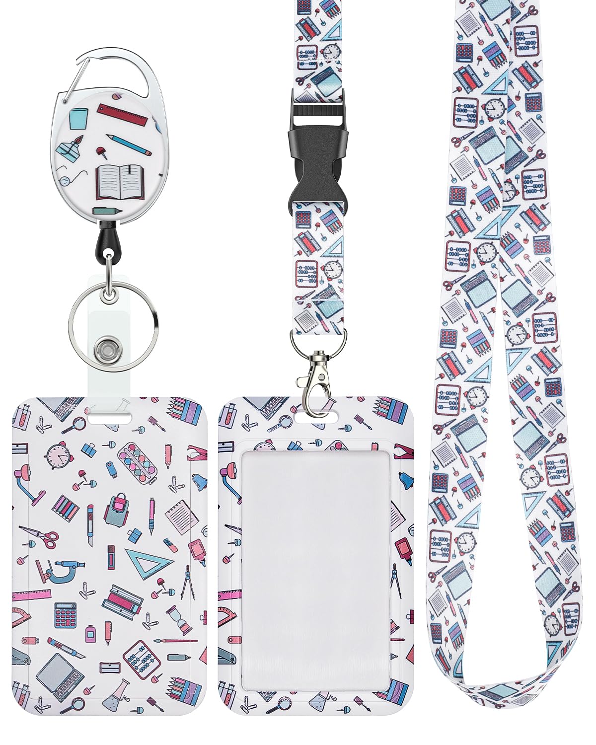 Uniclife Fashionable Sliding Badge Holder Stationery Pattern Plastic Case With Retractable Badge Reel Carabiner Clip & Detachabl