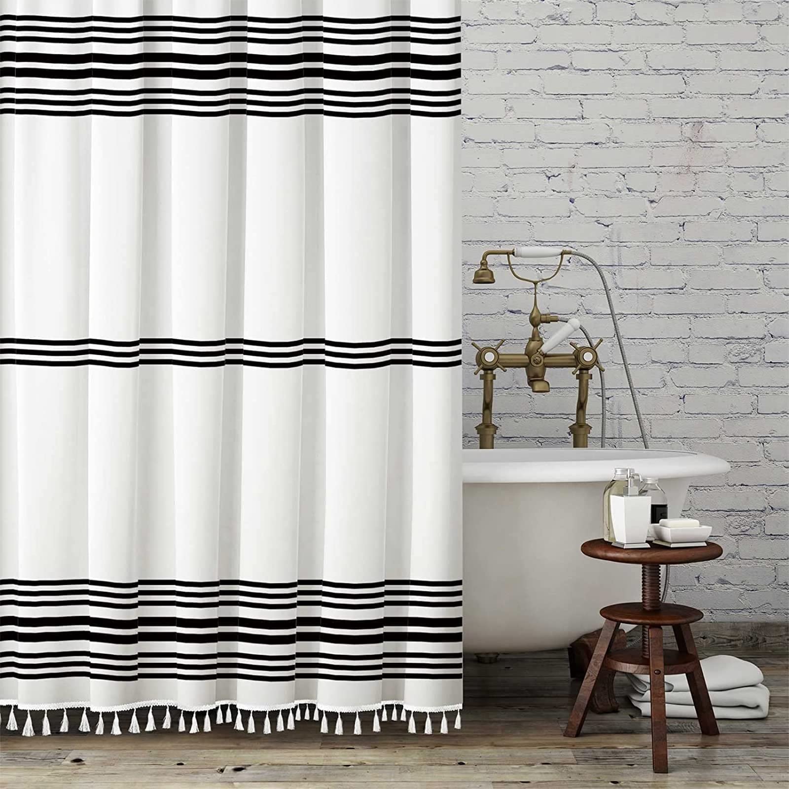 Seasonwood Long Shower Curtain Black And White Fabric Shower Curtain Tassel Modern Farmhouse Shower Curtains For Bathroom,Waterp
