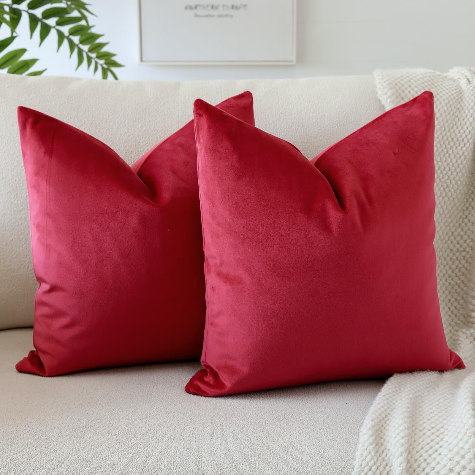 Otostar Pack Of 2 Velvet Soft Decorative Throw Pillow Covers 18 X 18 Inch Solid Square Cushion Case Couch Home Decor Pillow Covers For Sofa Bedroom Living Room (Red)